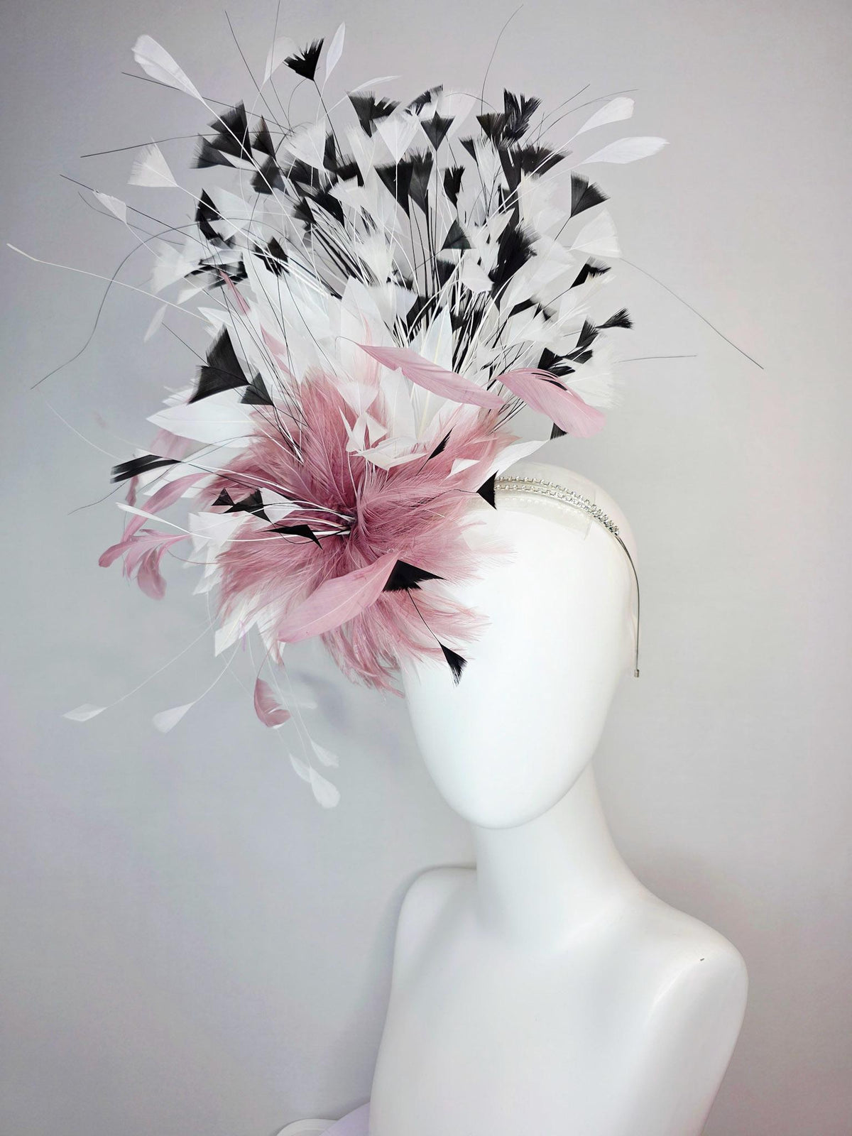 kentucky derby hat fascinator swarovski crystal headband with fluffy mauve dusty pink feather flower and black and white branching feathers