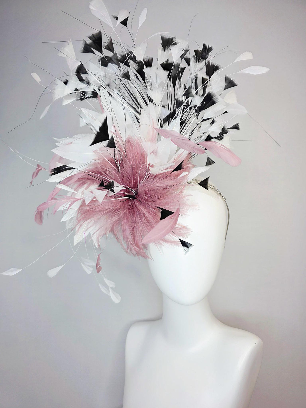 kentucky derby hat fascinator swarovski crystal headband with fluffy mauve dusty pink feather flower and black and white branching feathers