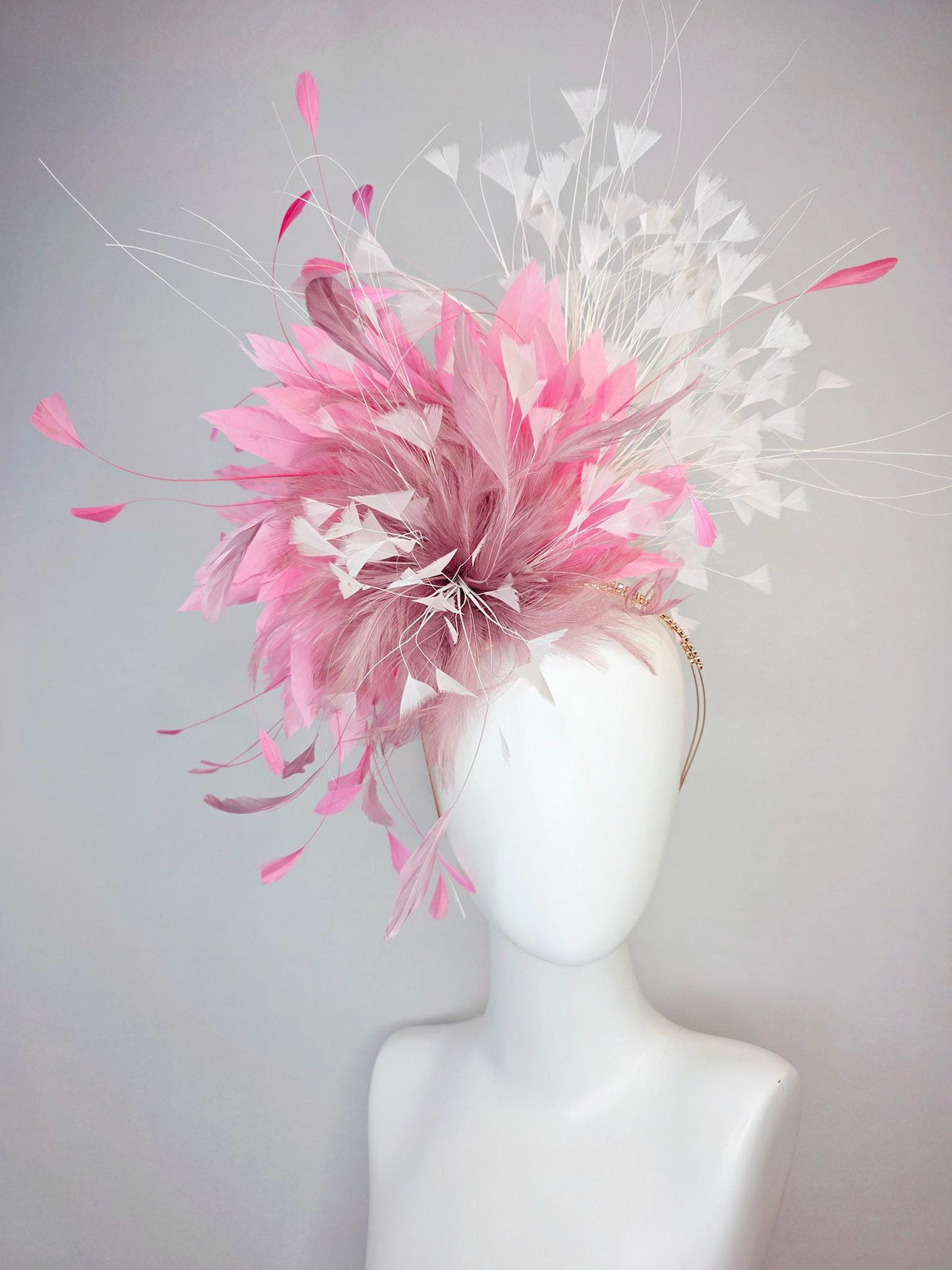 kentucky derby hat fascinator swarovski crystal headband with fluffy mauve dusty pink feather flower blush pink white branching feathers