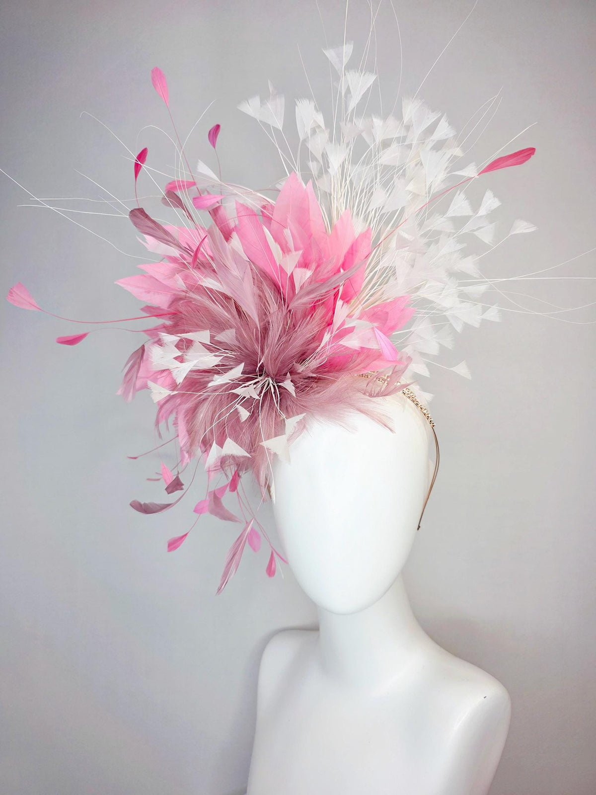 kentucky derby hat fascinator swarovski crystal headband with fluffy mauve dusty pink feather flower blush pink white branching feathers