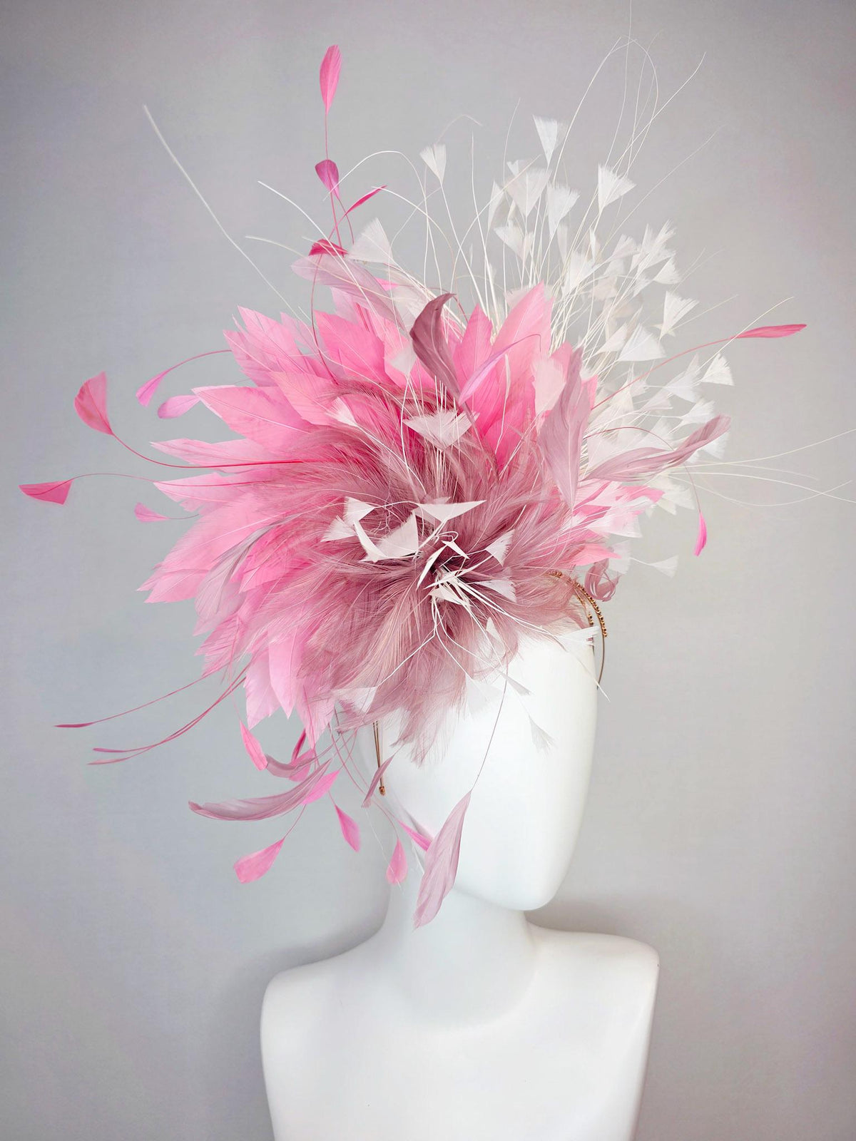 kentucky derby hat fascinator swarovski crystal headband with fluffy mauve dusty pink feather flower blush pink white branching feathers