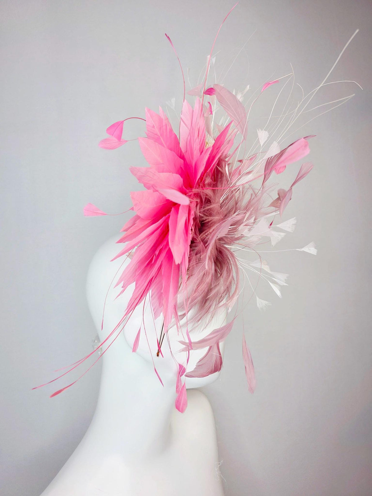 kentucky derby hat fascinator swarovski crystal headband with fluffy mauve dusty pink feather flower blush pink white branching feathers