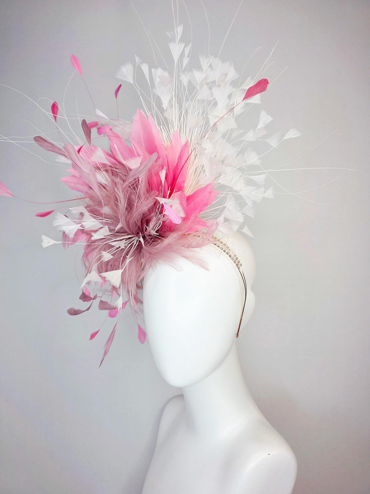 kentucky derby hat fascinator swarovski crystal headband with fluffy mauve dusty pink feather flower blush pink white branching feathers