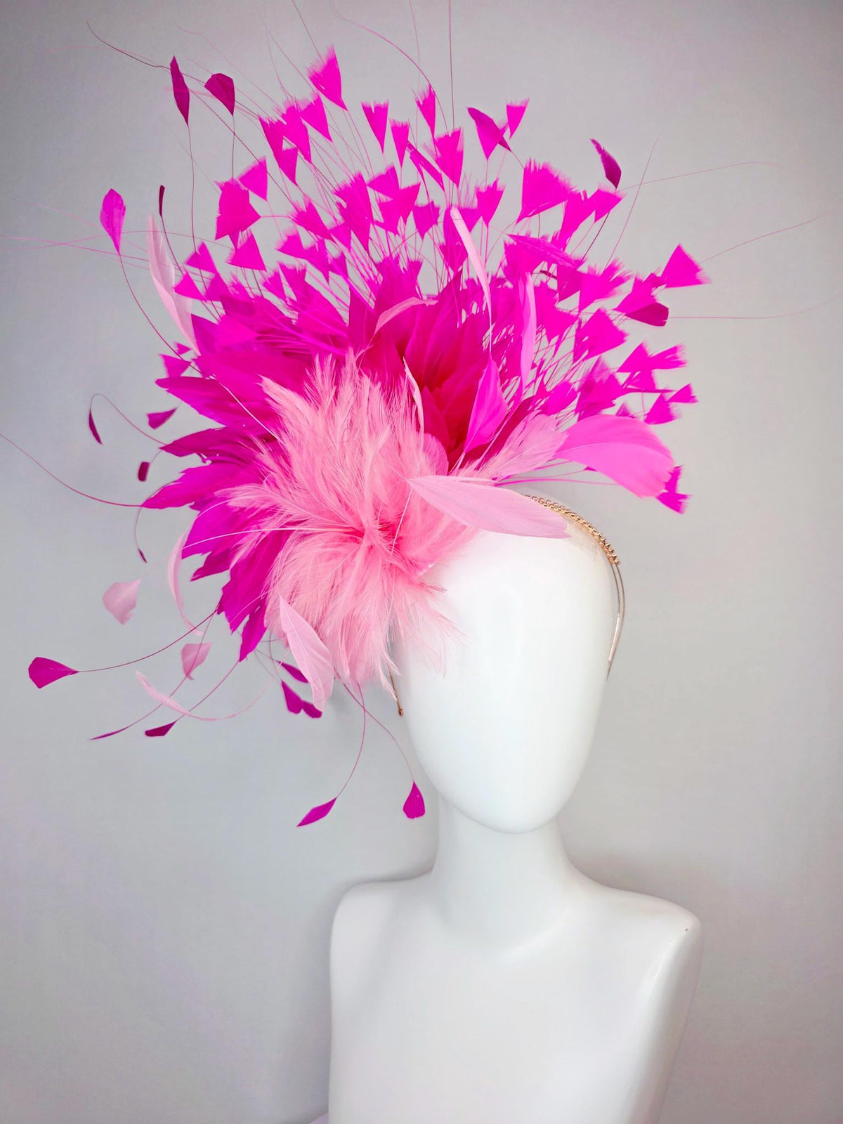 kentucky derby hat fascinator swarovski crystal headband with fluffy baby pink feather flower and hot bright fuchsia pink branching feathers
