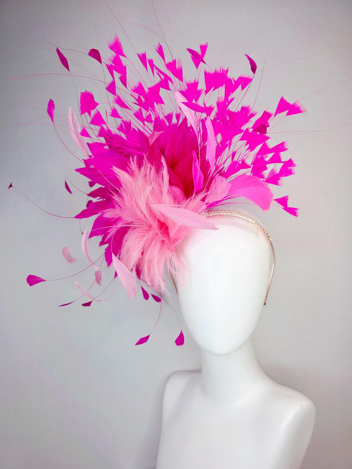 kentucky derby hat fascinator swarovski crystal headband with fluffy baby pink feather flower and hot bright fuchsia pink branching feathers