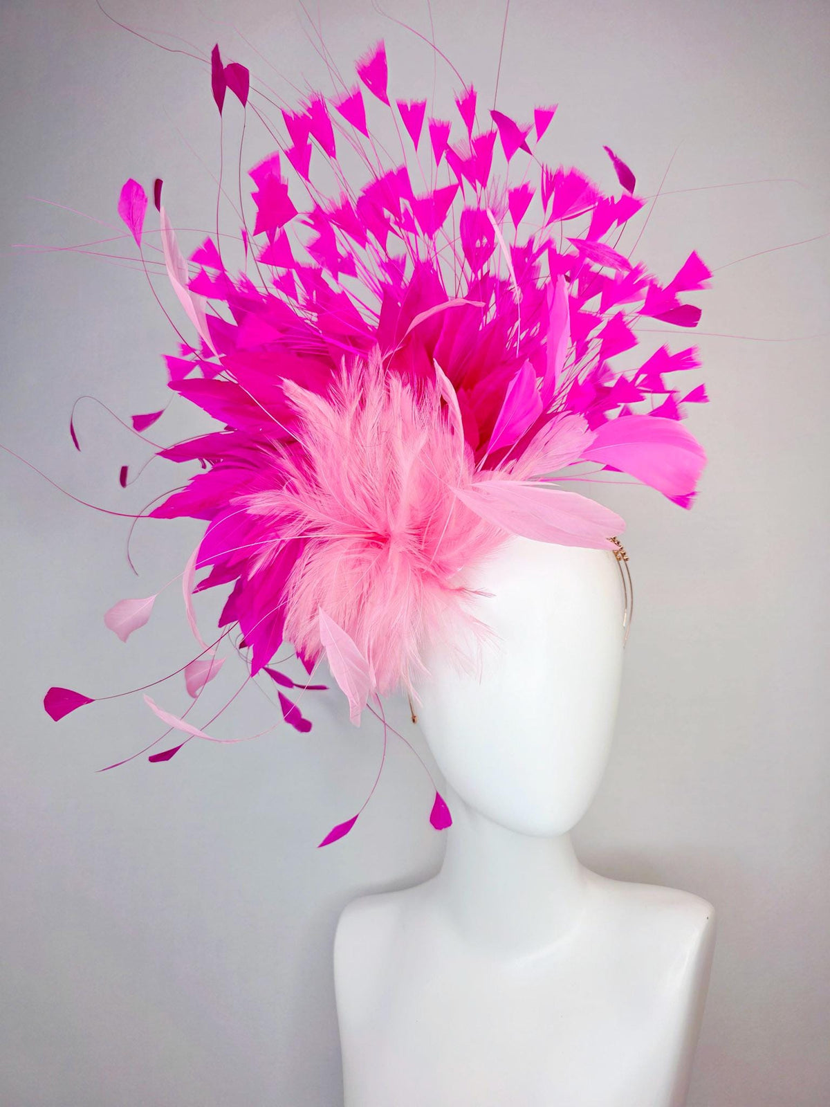 kentucky derby hat fascinator swarovski crystal headband with fluffy baby pink feather flower and hot bright fuchsia pink branching feathers