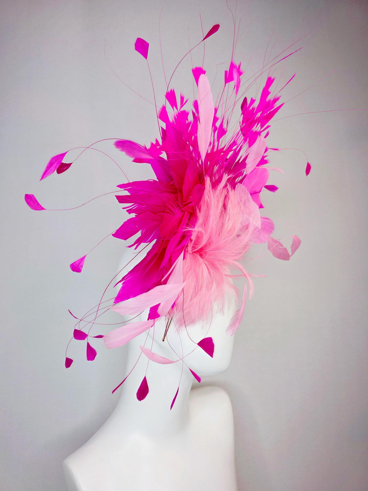 kentucky derby hat fascinator swarovski crystal headband with fluffy baby pink feather flower and hot bright fuchsia pink branching feathers