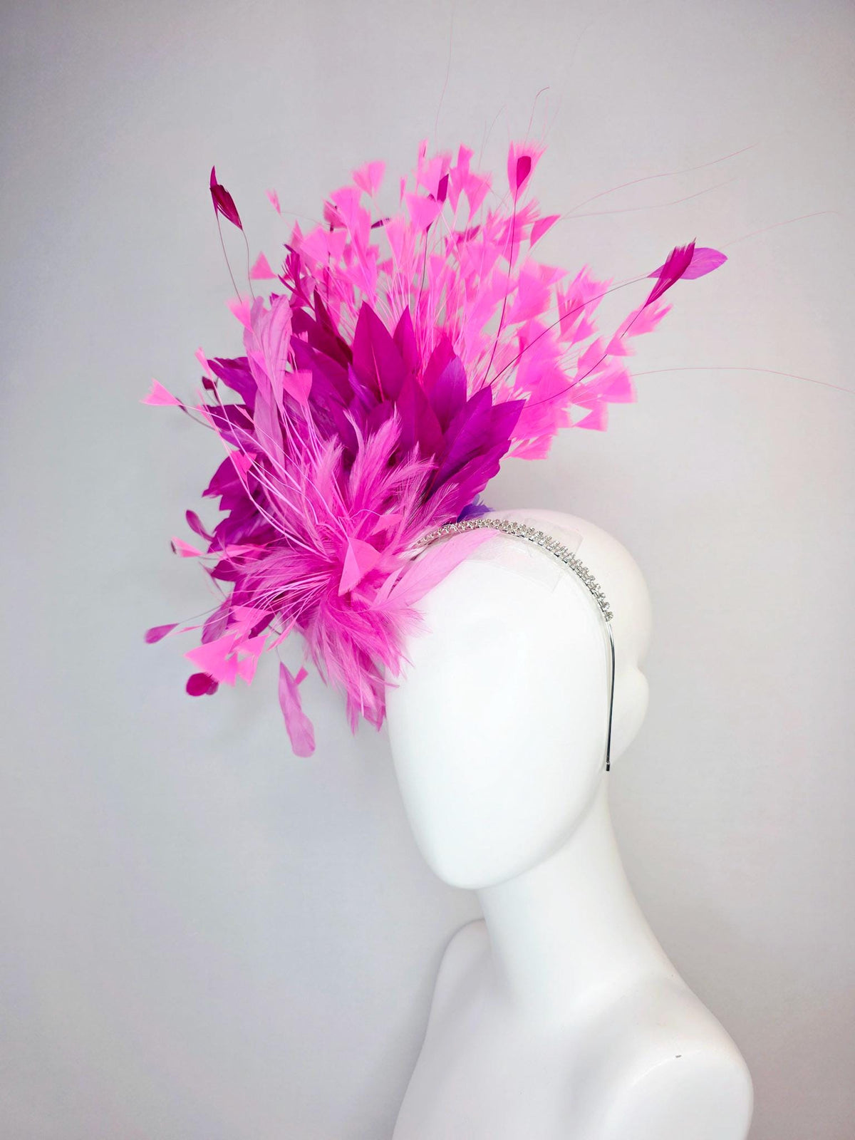kentucky derby hat fascinator swarovski crystal headband with fluffy blush pink feather flower magenta blush pink lavender purple feathers