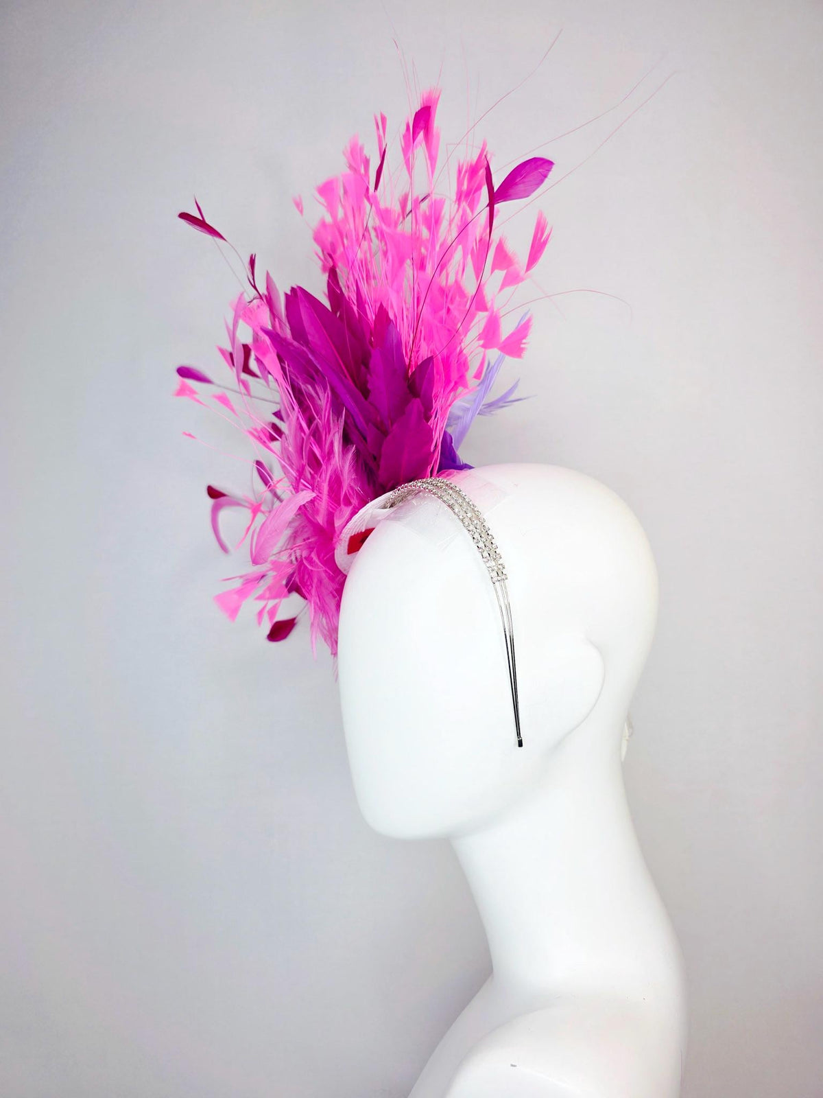 kentucky derby hat fascinator swarovski crystal headband with fluffy blush pink feather flower magenta blush pink lavender purple feathers