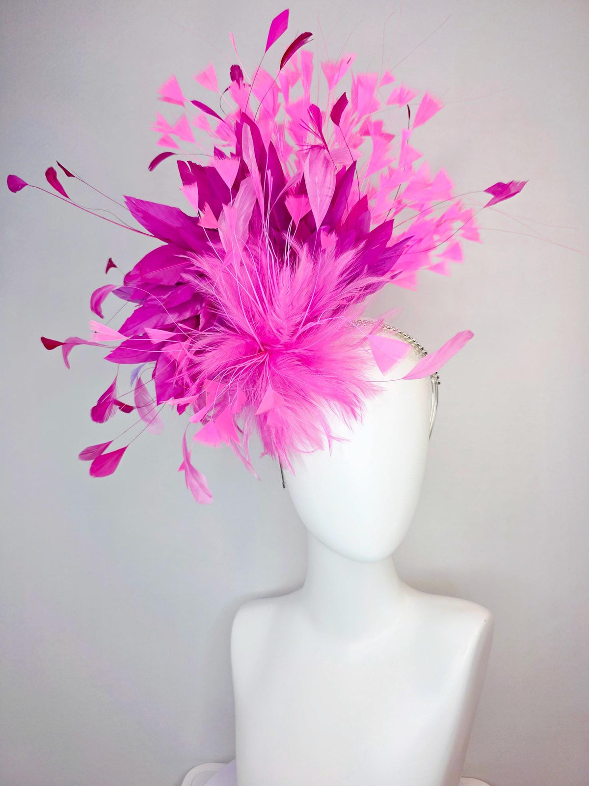 kentucky derby hat fascinator swarovski crystal headband with fluffy blush pink feather flower magenta blush pink lavender purple feathers