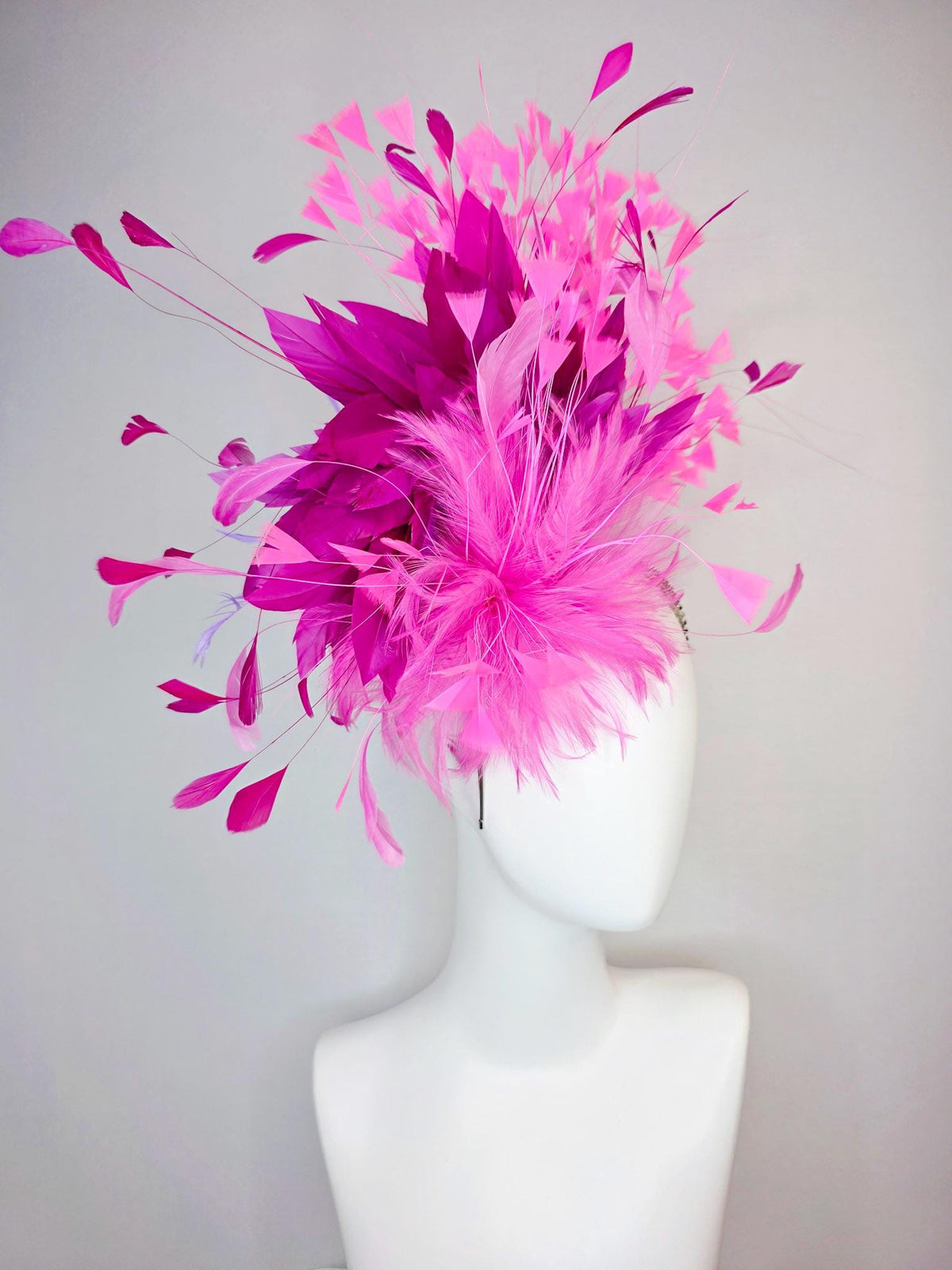 kentucky derby hat fascinator swarovski crystal headband with fluffy blush pink feather flower magenta blush pink lavender purple feathers