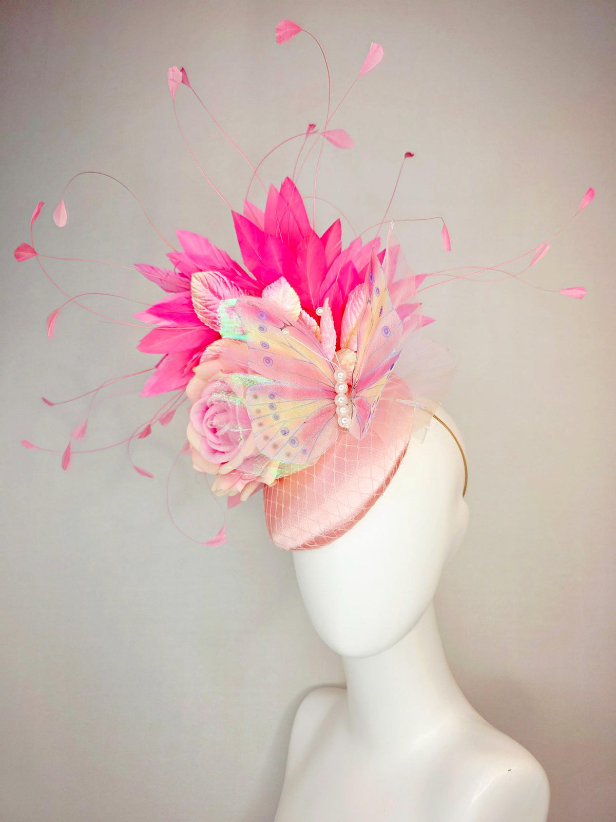 kentucky derby hat fascinator baby pink satin with netting ombre pink satin rose light pink leaves hot pink feathers and large butterfly