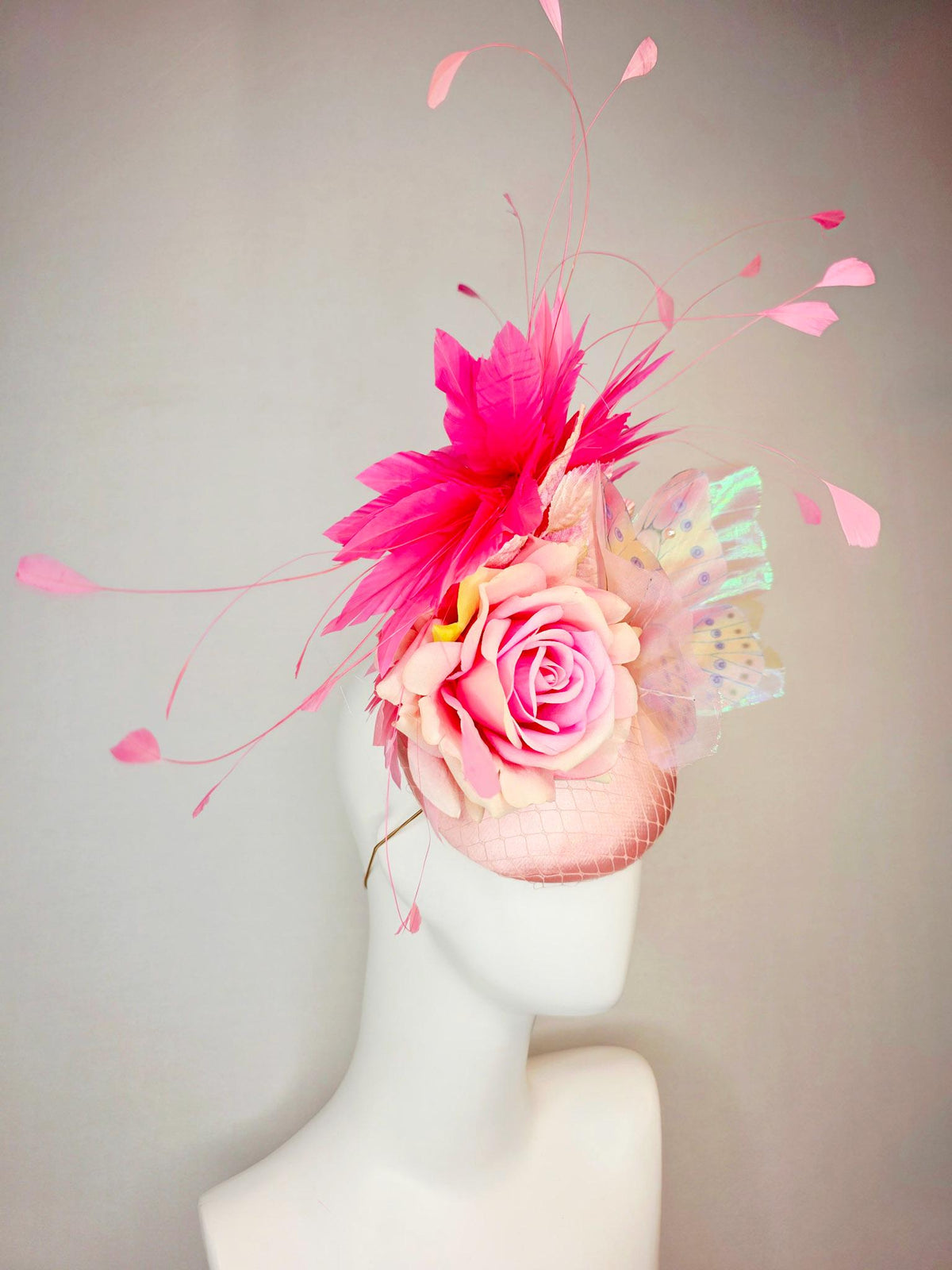 kentucky derby hat fascinator baby pink satin with netting ombre pink satin rose light pink leaves hot pink feathers and large butterfly