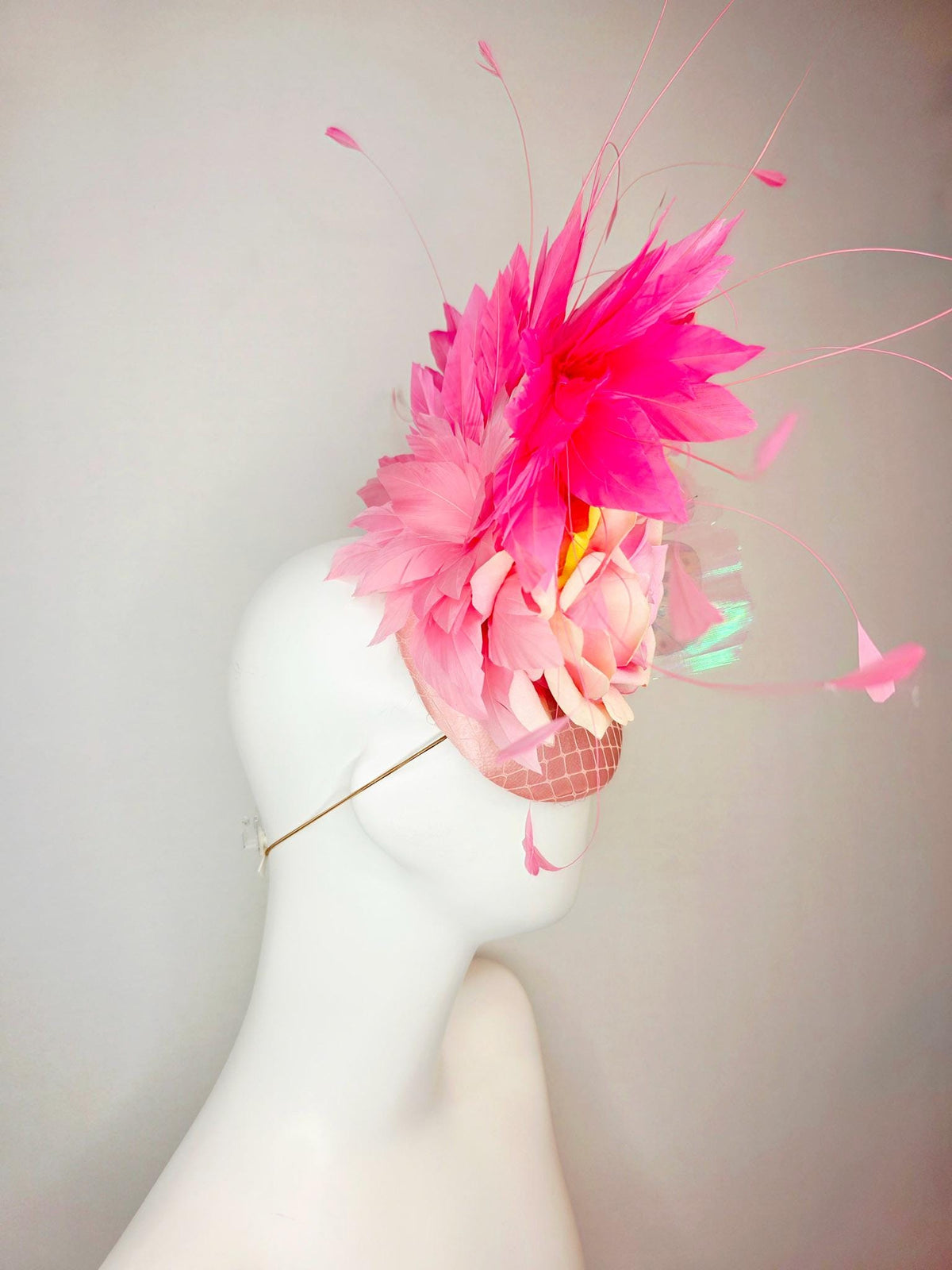 kentucky derby hat fascinator baby pink satin with netting ombre pink satin rose light pink leaves hot pink feathers and large butterfly
