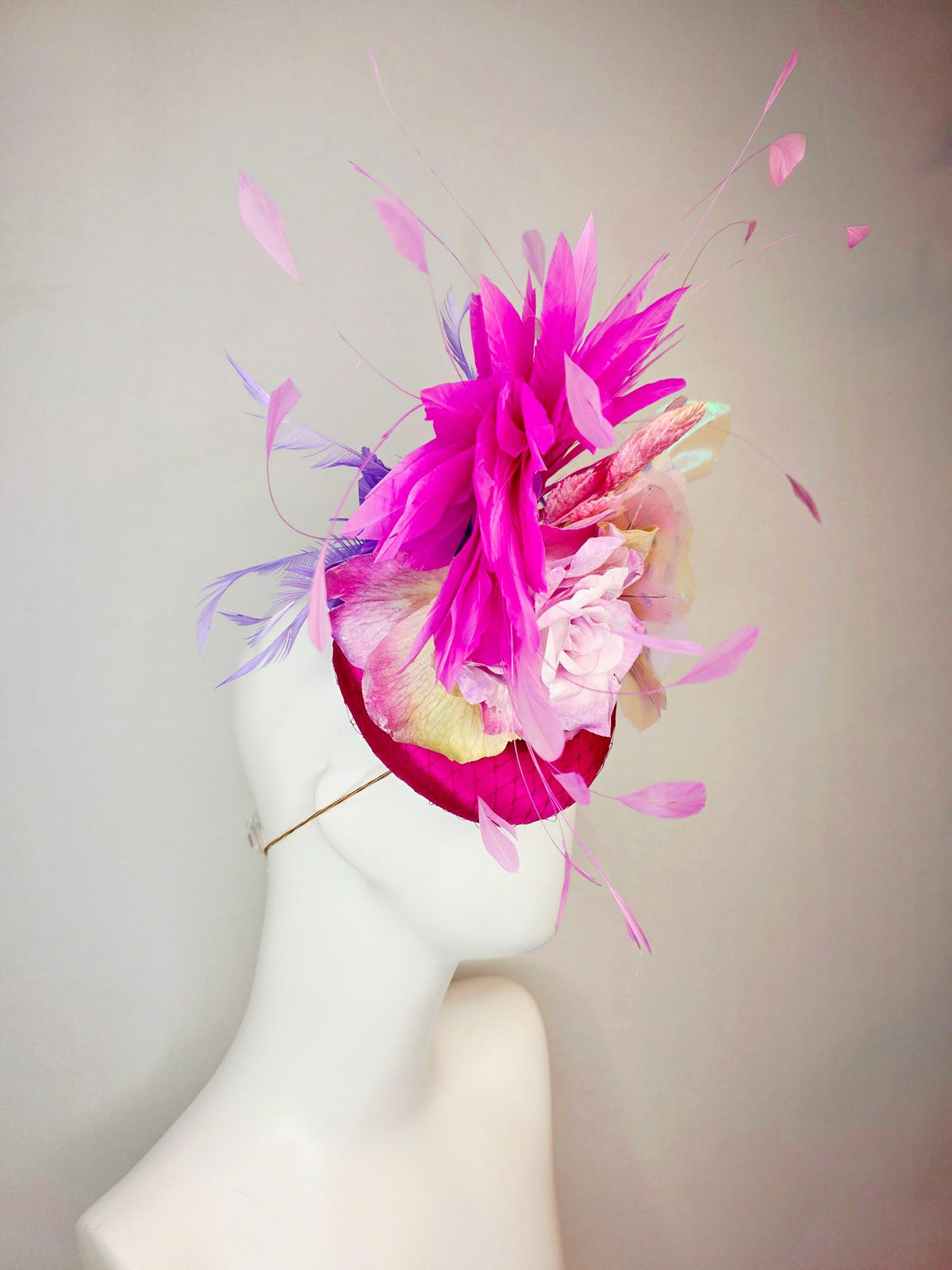 kentucky derby hat fascinator burgundy red satin with netting yellow lilac purple satin rose baby pink leaves purple pink feathers butterfly