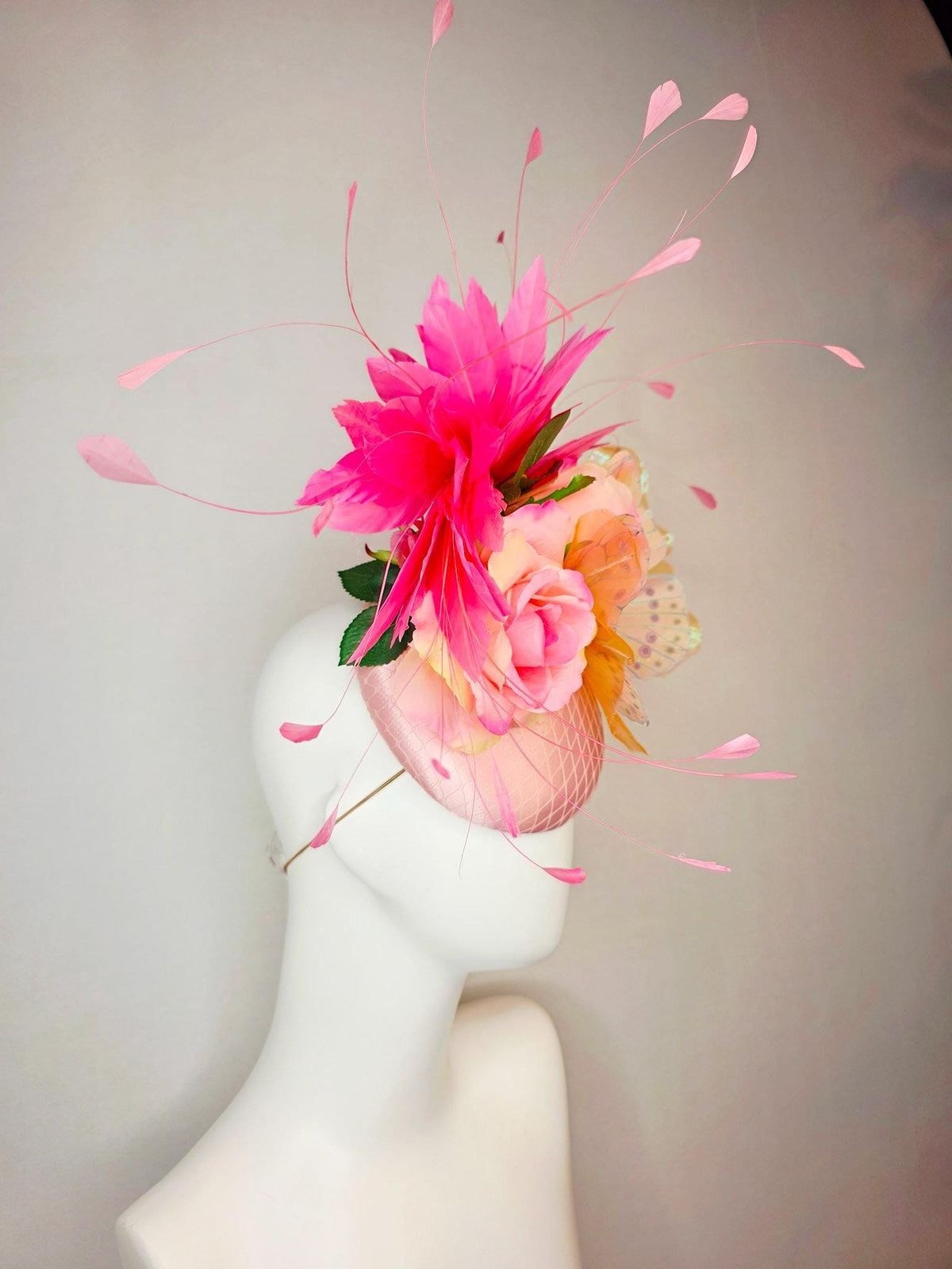 kentucky derby hat fascinator light pink satin with netting ombre peach yellow pink satin roses green leaves pink feathers large butterfly