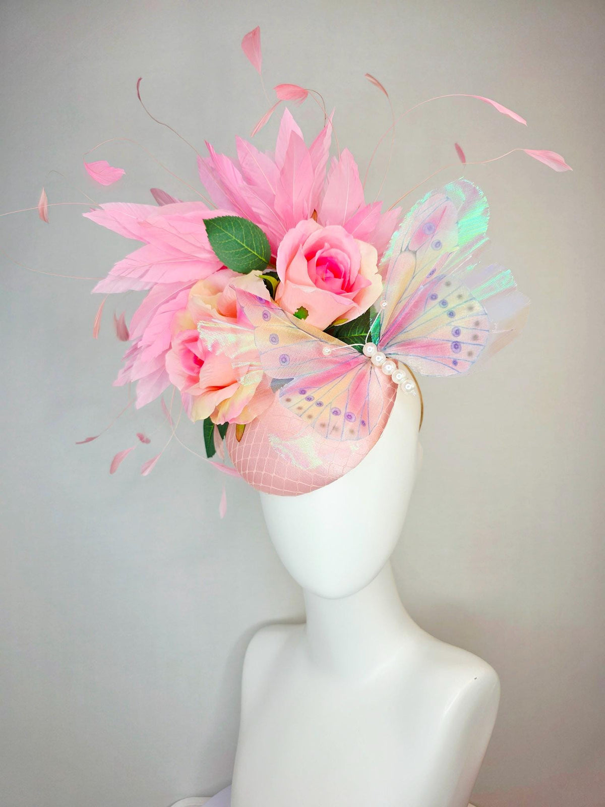 kentucky derby hat fascinator light pink satin with netting ombre pink satin roses green leaves baby blush pink feathers large butterfly