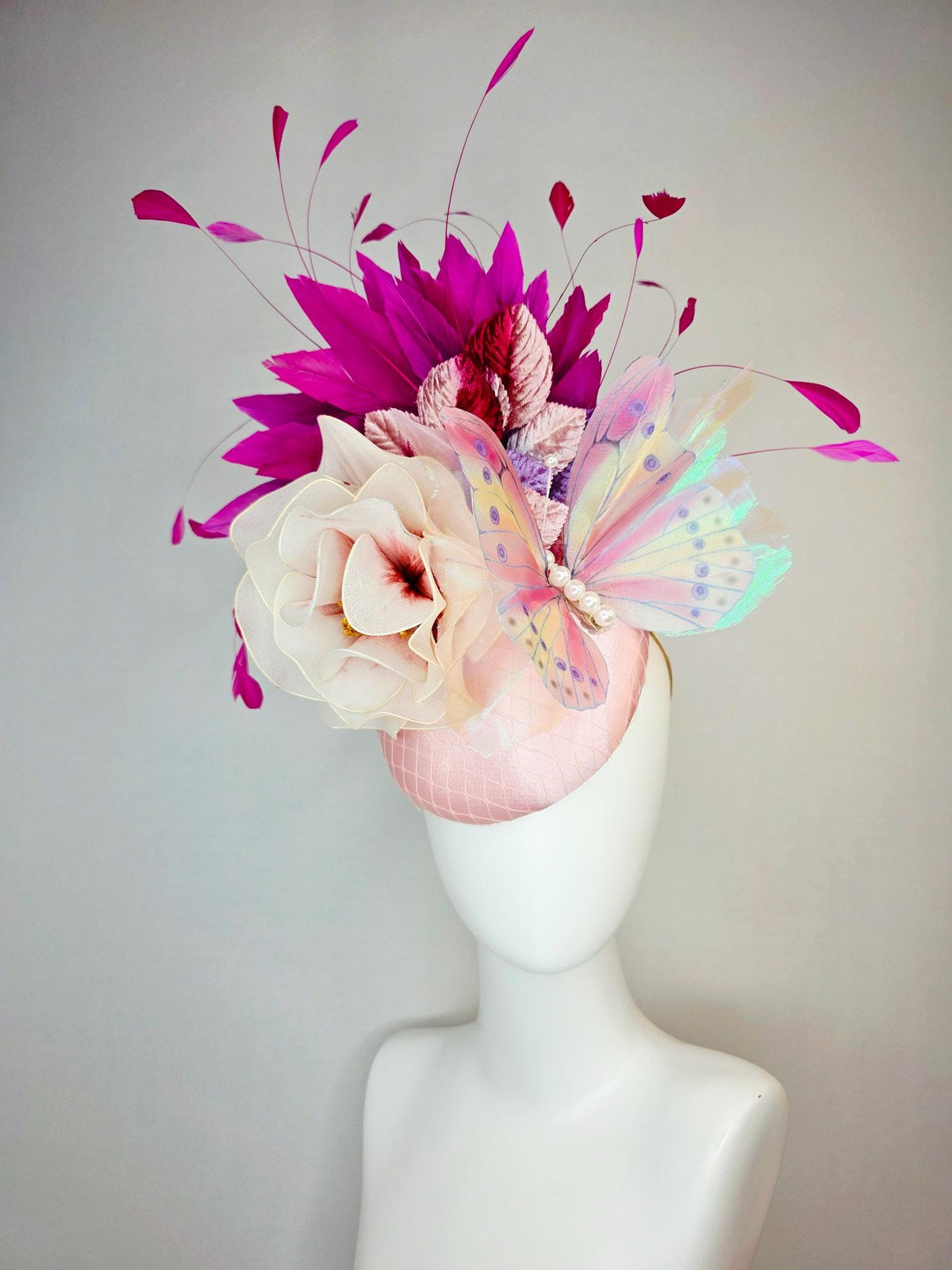 kentucky derby hat fascinator baby pink satin netting cream mesh flower light pink wine lavender leaves magenta purple feathers butterfly