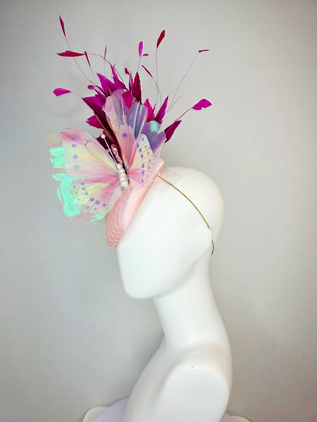 kentucky derby hat fascinator baby pink satin netting cream mesh flower light pink wine lavender leaves magenta purple feathers butterfly