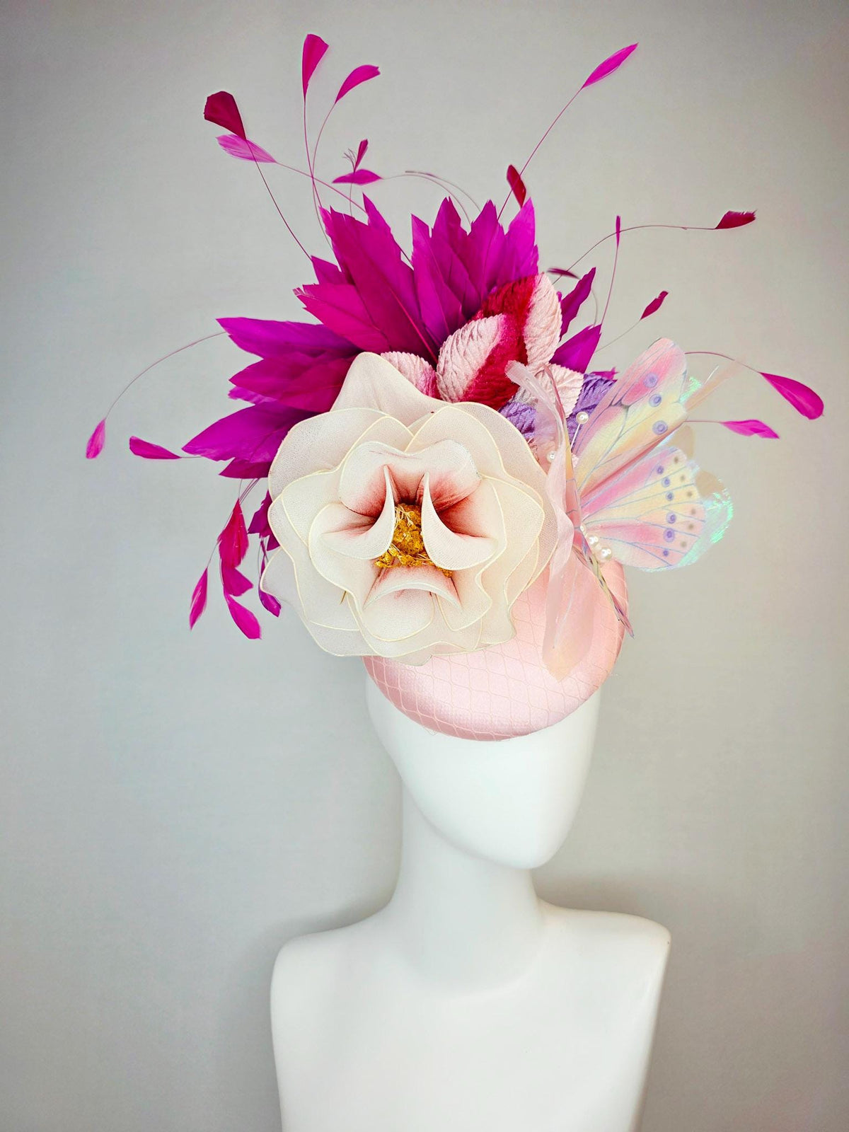 kentucky derby hat fascinator baby pink satin netting cream mesh flower light pink wine lavender leaves magenta purple feathers butterfly