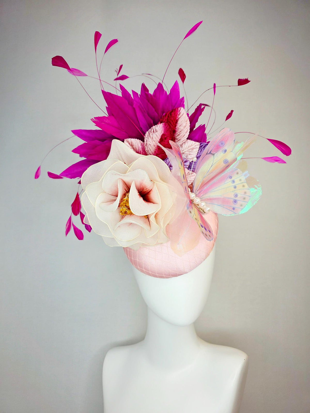 kentucky derby hat fascinator baby pink satin netting cream mesh flower light pink wine lavender leaves magenta purple feathers butterfly