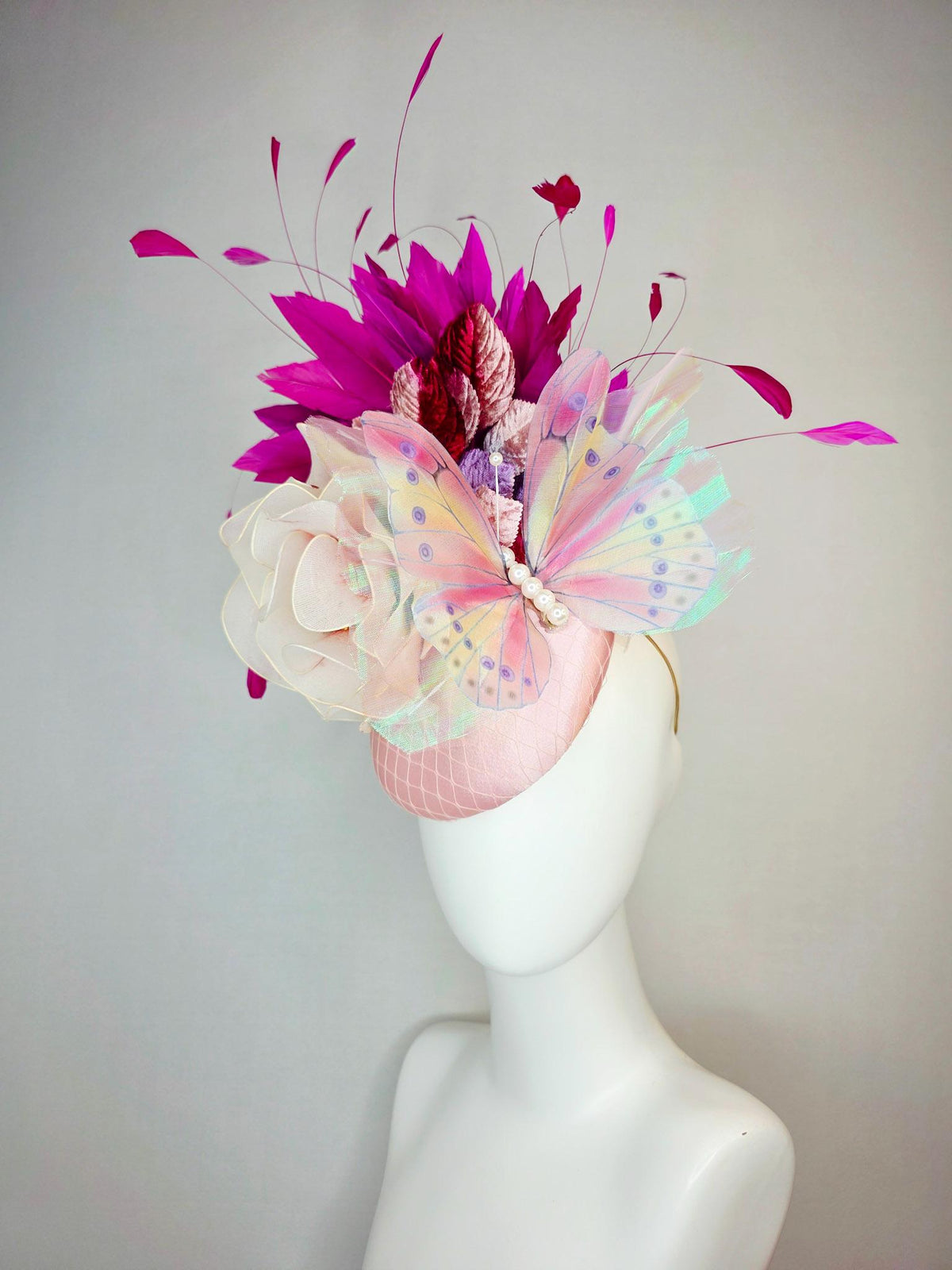 kentucky derby hat fascinator baby pink satin netting cream mesh flower light pink wine lavender leaves magenta purple feathers butterfly