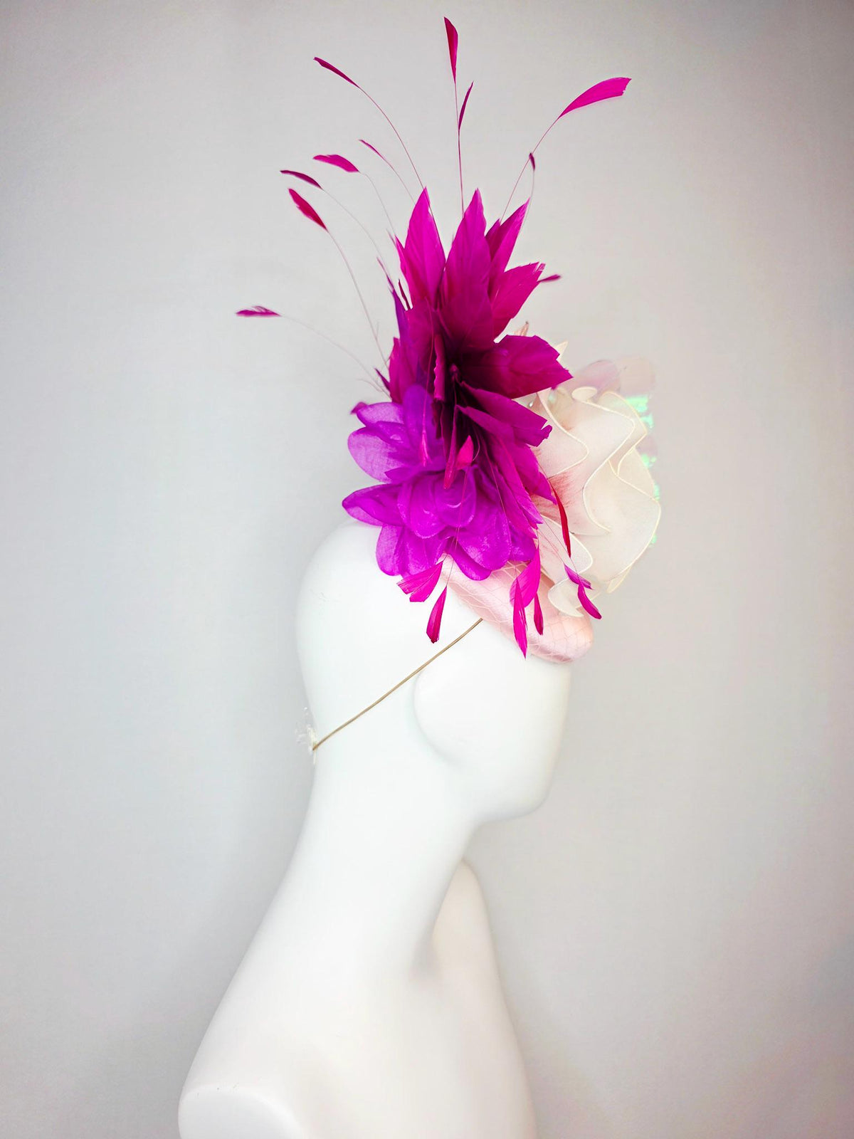 kentucky derby hat fascinator baby pink satin netting cream mesh flower light pink wine lavender leaves magenta purple feathers butterfly