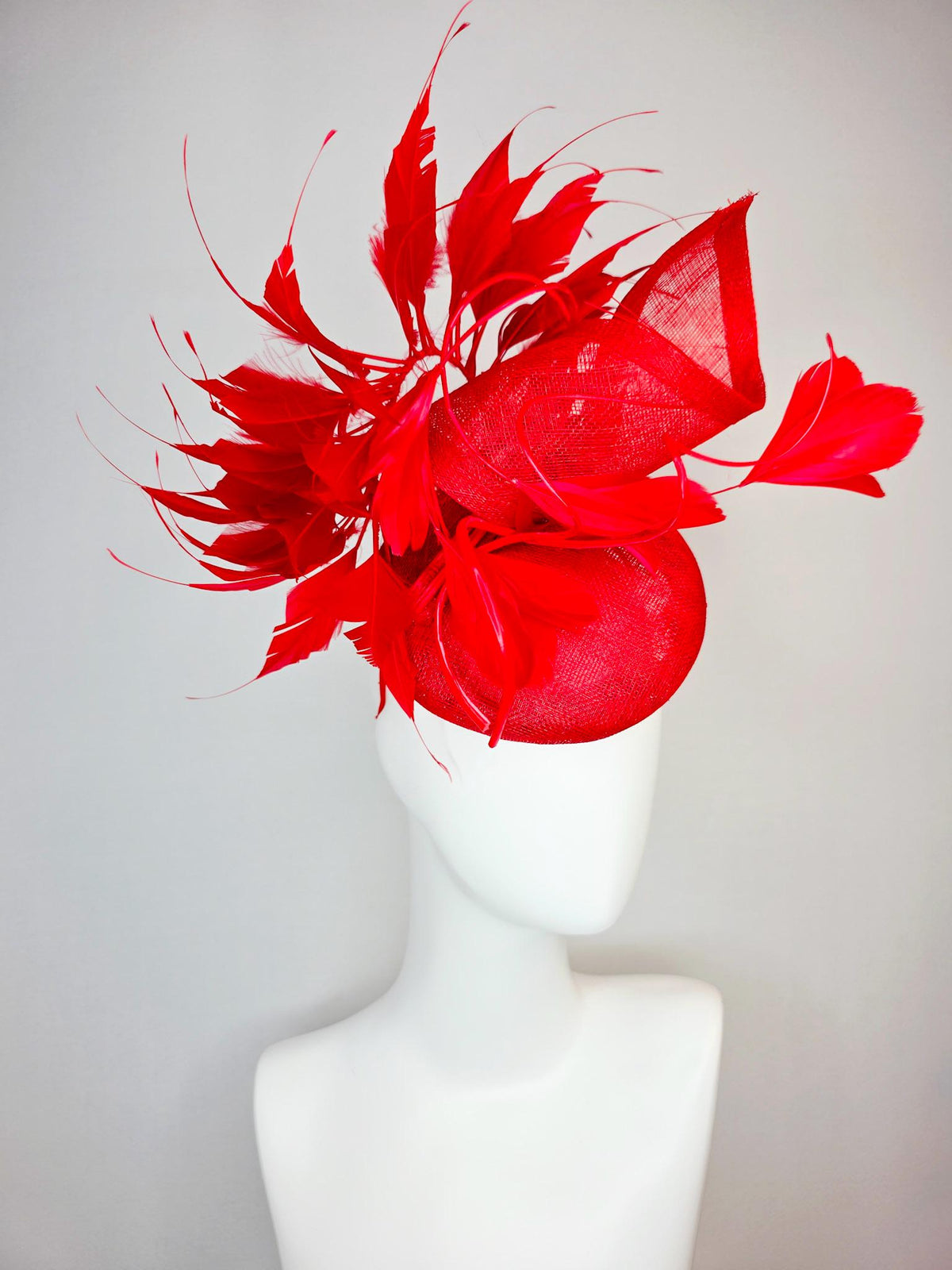 kentucky derby hat fascinator bright scarlet red sinamay with sinamay curl and cherry red branching feathers