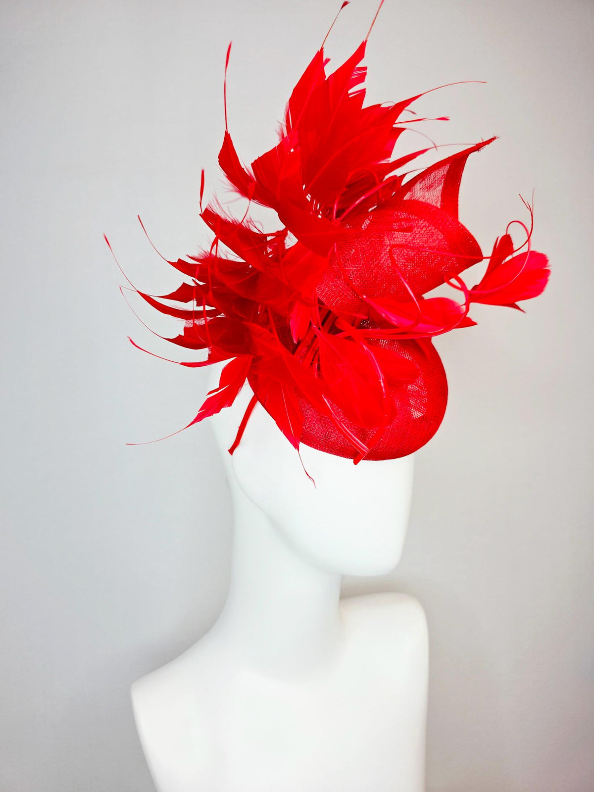 kentucky derby hat fascinator bright scarlet red sinamay with sinamay curl and cherry red branching feathers