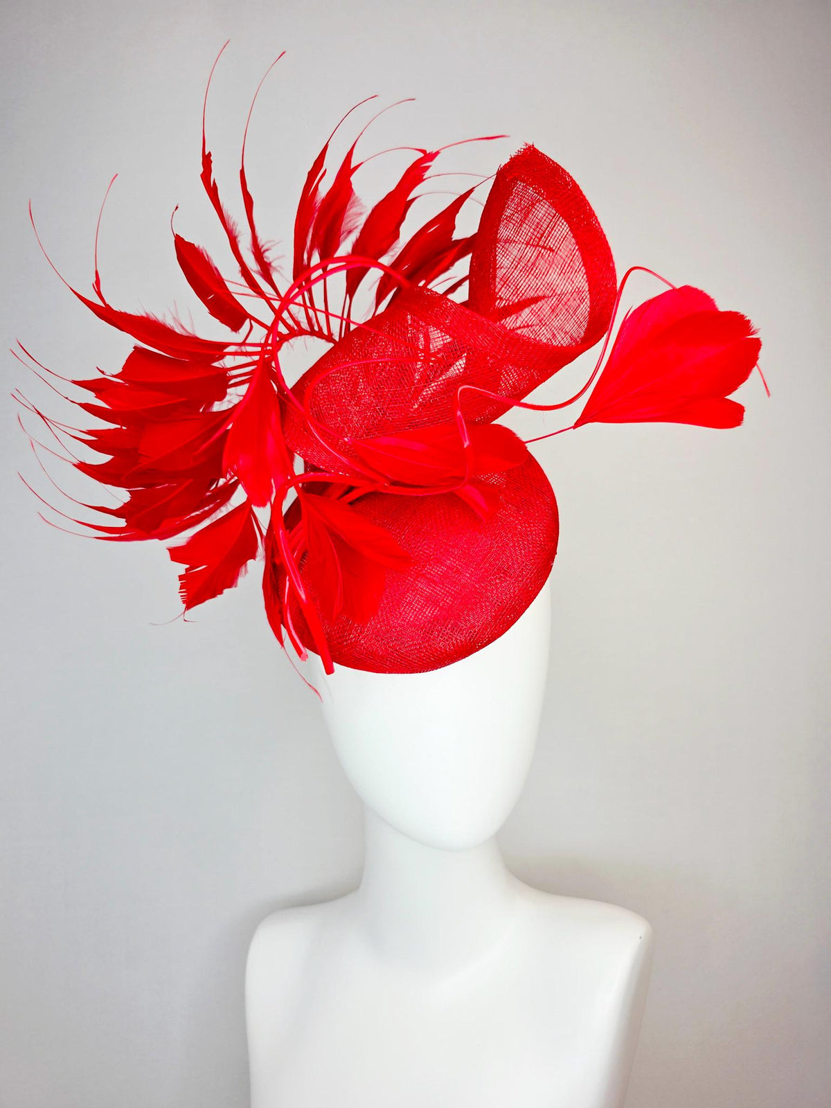 kentucky derby hat fascinator bright scarlet red sinamay with sinamay curl and cherry red branching feathers