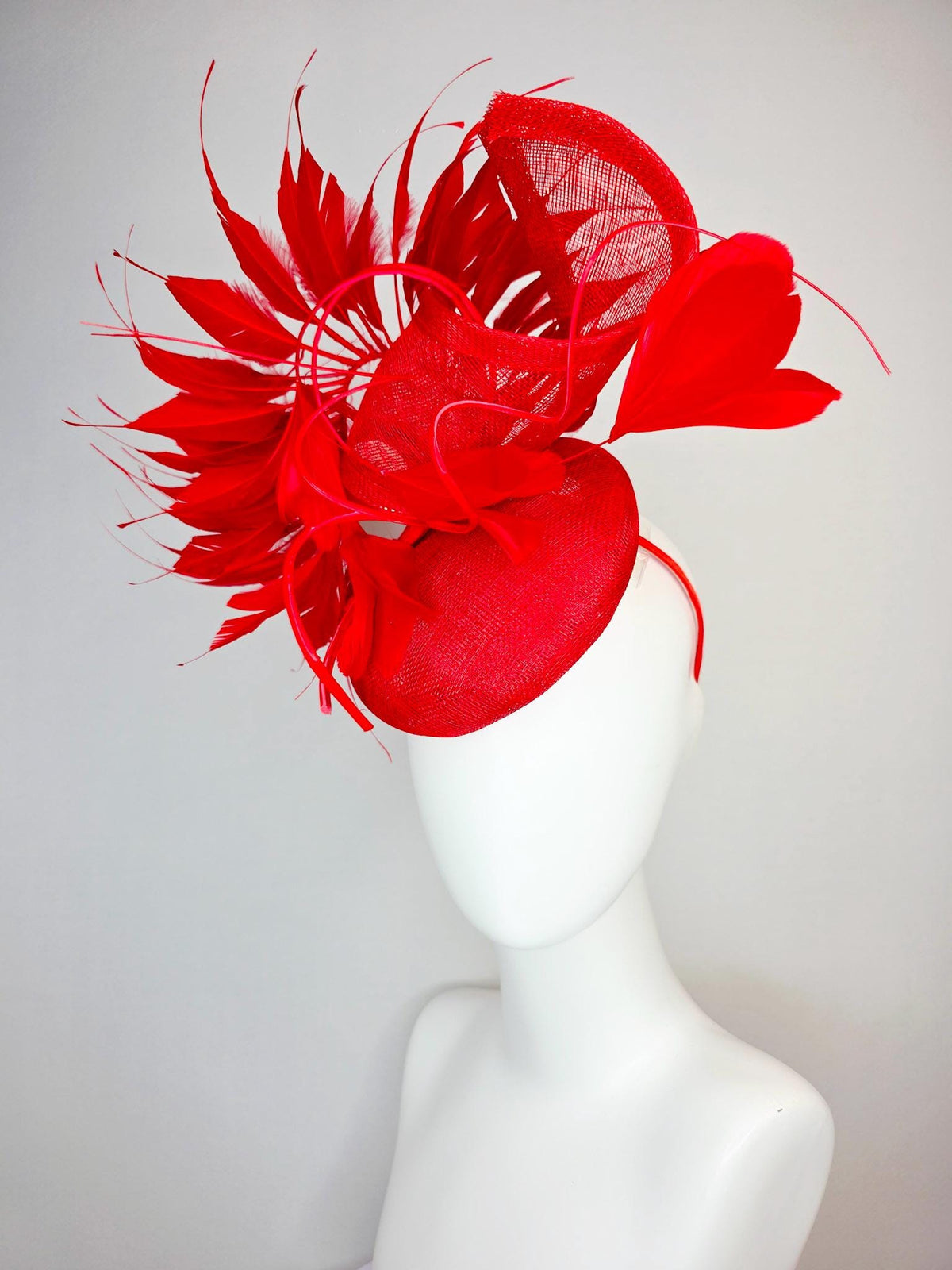 kentucky derby hat fascinator bright scarlet red sinamay with sinamay curl and cherry red branching feathers