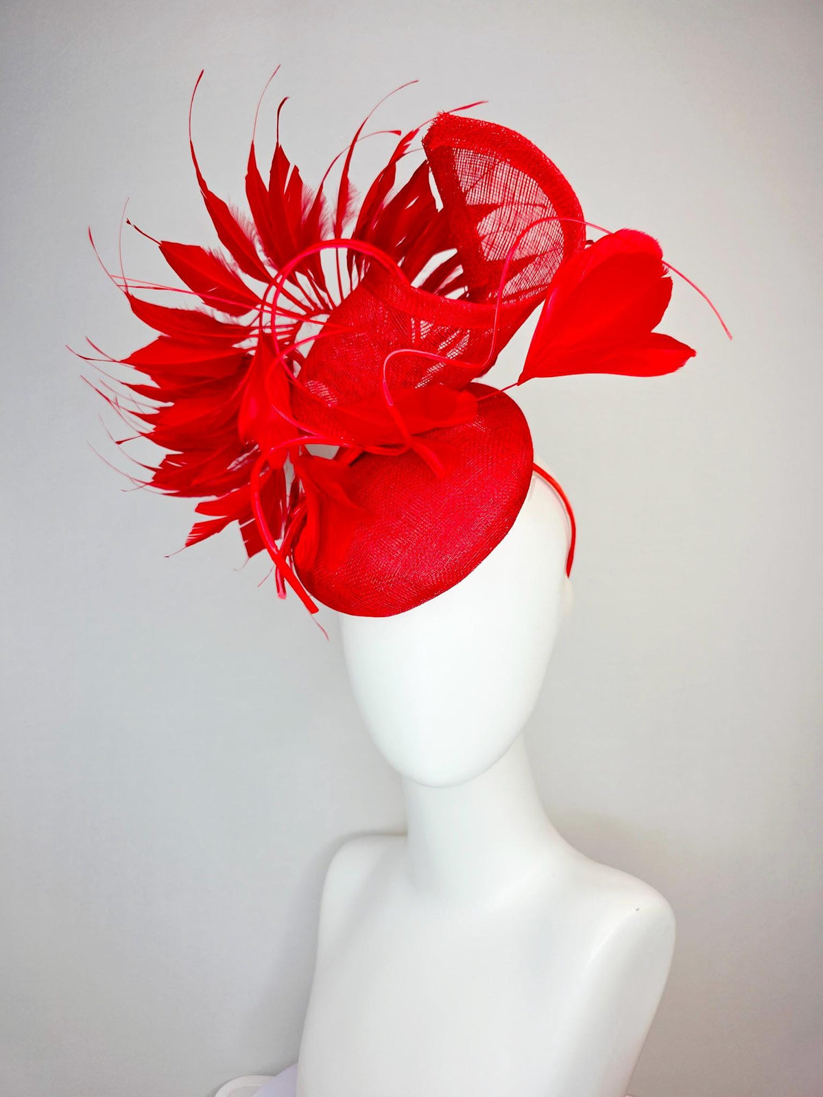 kentucky derby hat fascinator bright scarlet red sinamay with sinamay curl and cherry red branching feathers
