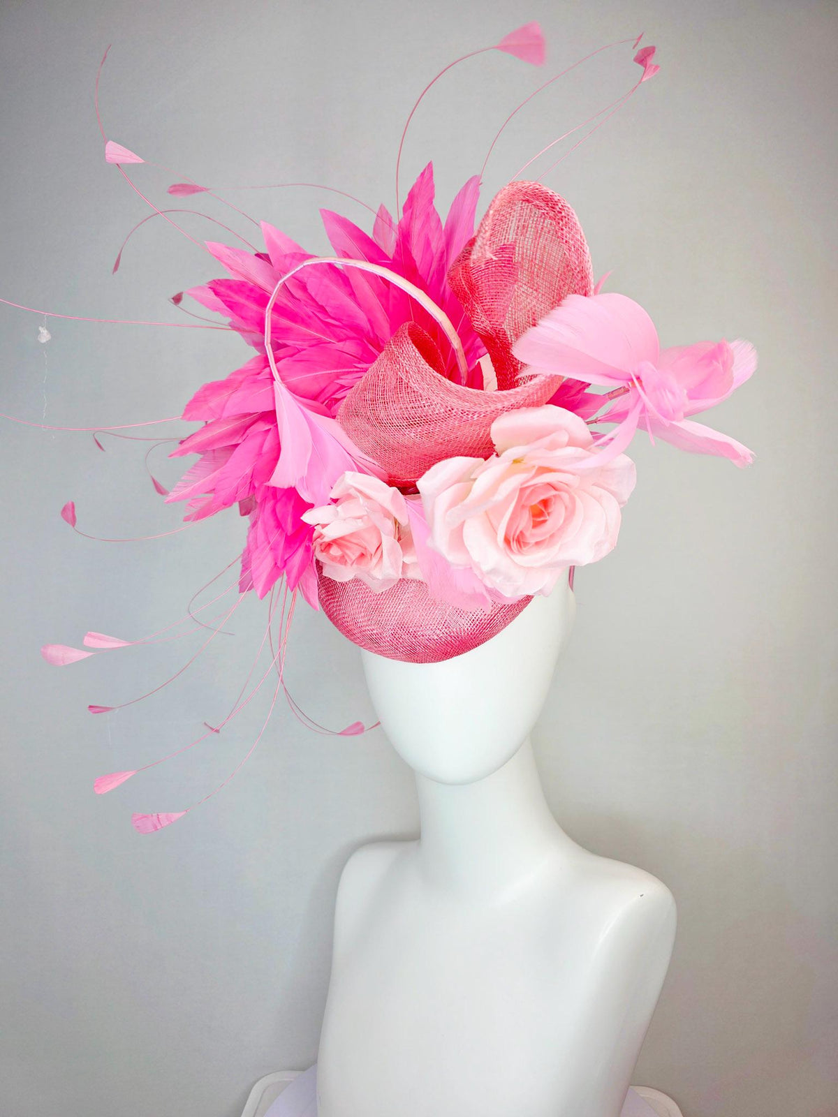 kentucky derby hat fascinator baby blush pink sinamay with sinamay curl and pale light pink satin rose flowers and pink branching feathers