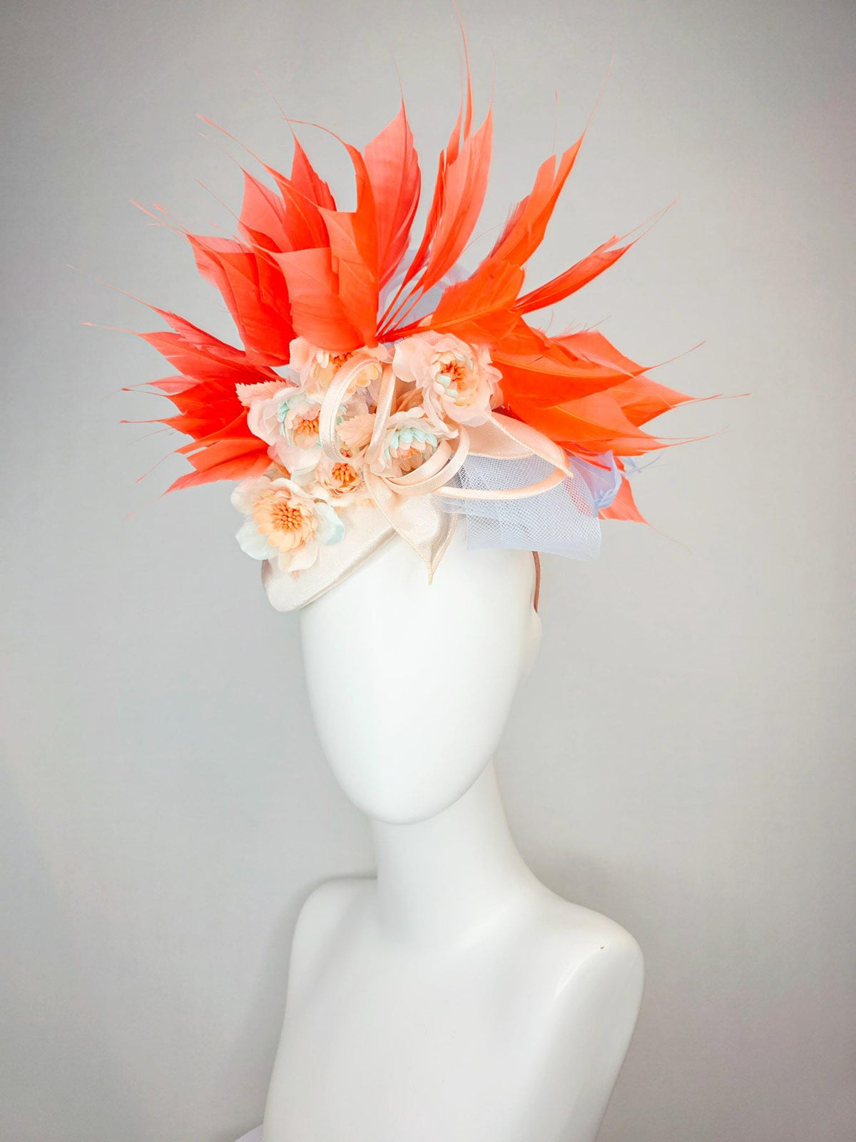 kentucky derby hat fascinator ivory satin gold crystal rhinestones lavender blue crinoline bow peach organza flowers coral orange feathers