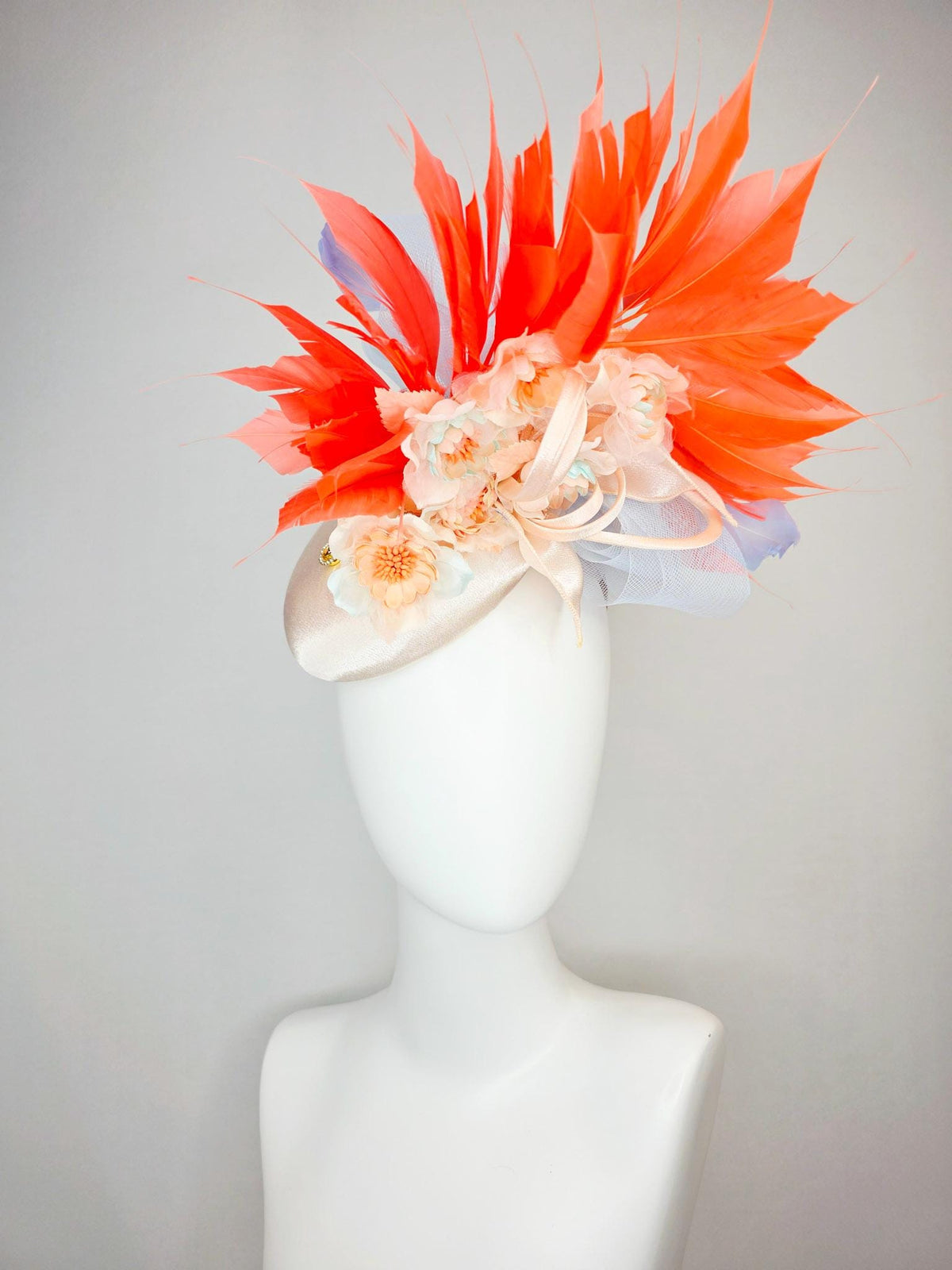 kentucky derby hat fascinator ivory satin gold crystal rhinestones lavender blue crinoline bow peach organza flowers coral orange feathers