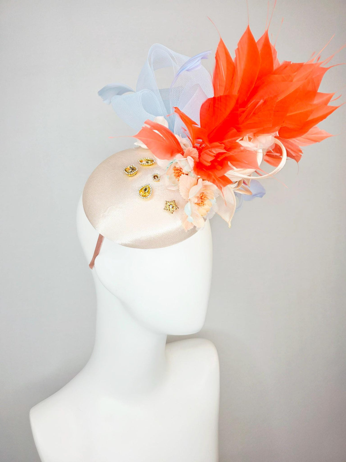 kentucky derby hat fascinator ivory satin gold crystal rhinestones lavender blue crinoline bow peach organza flowers coral orange feathers
