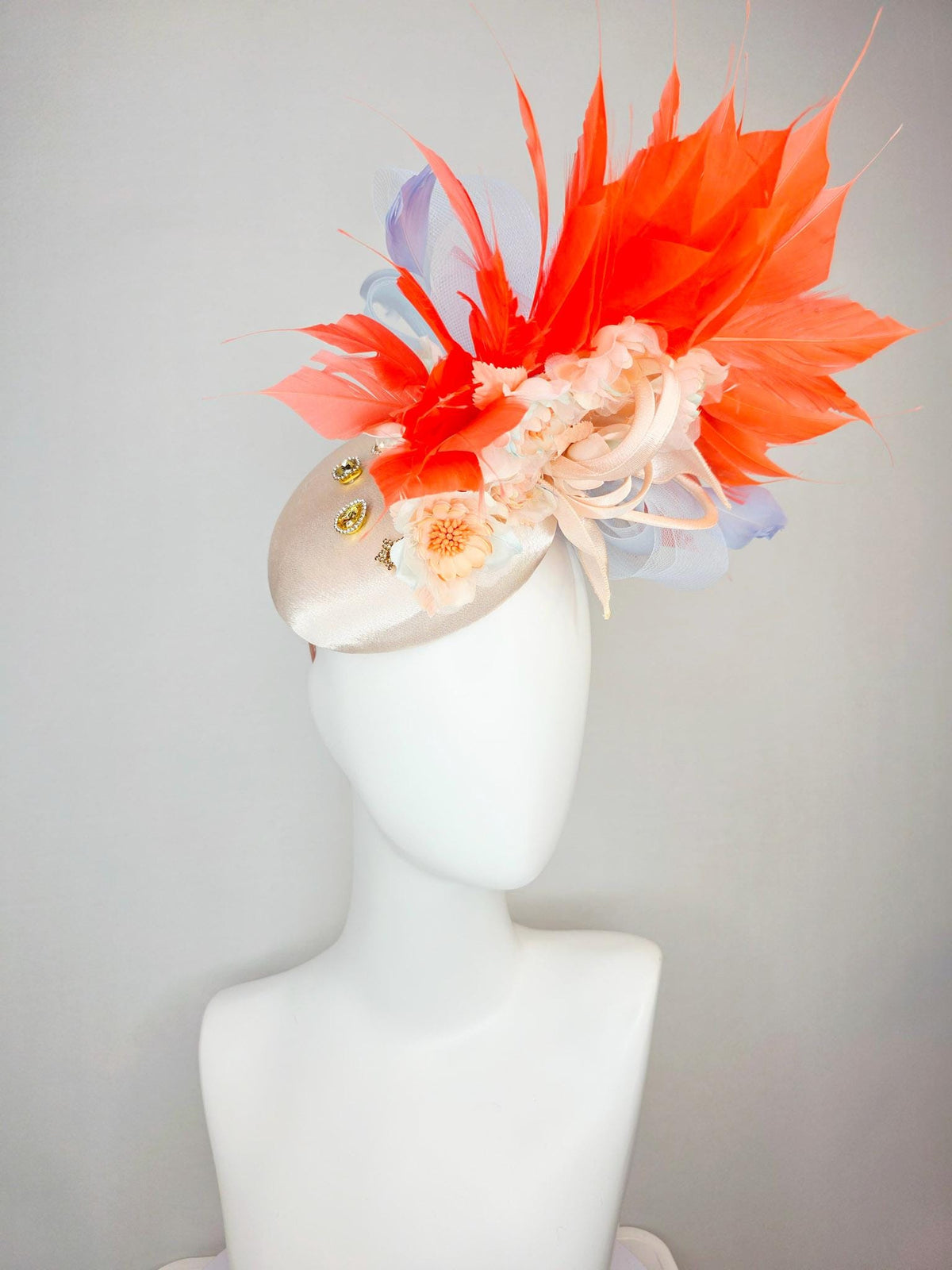 kentucky derby hat fascinator ivory satin gold crystal rhinestones lavender blue crinoline bow peach organza flowers coral orange feathers