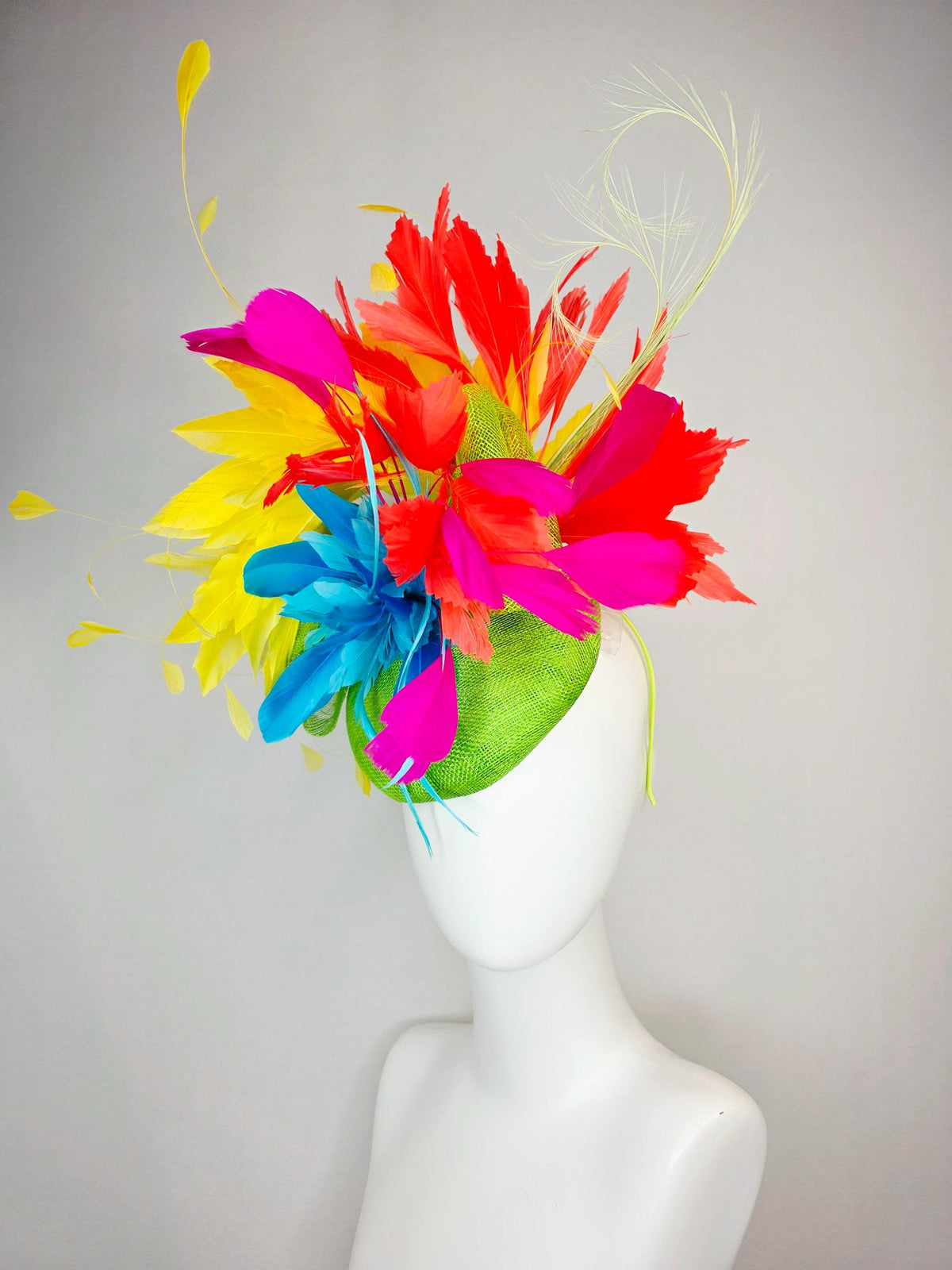 kentucky derby hat fascinator lime green sinamay with sinamay bow colorful sky ocean blue yellow coral red fuchsia pink branching feathers