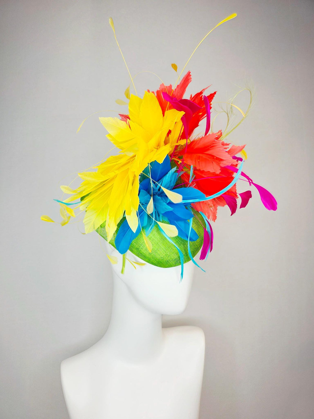 kentucky derby hat fascinator lime green sinamay with sinamay bow colorful sky ocean blue yellow coral red fuchsia pink branching feathers