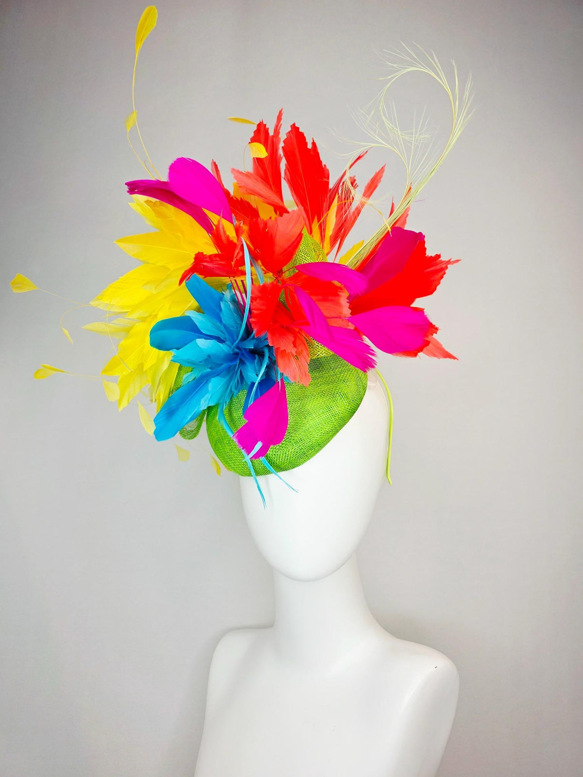 kentucky derby hat fascinator lime green sinamay with sinamay bow colorful sky ocean blue yellow coral red fuchsia pink branching feathers