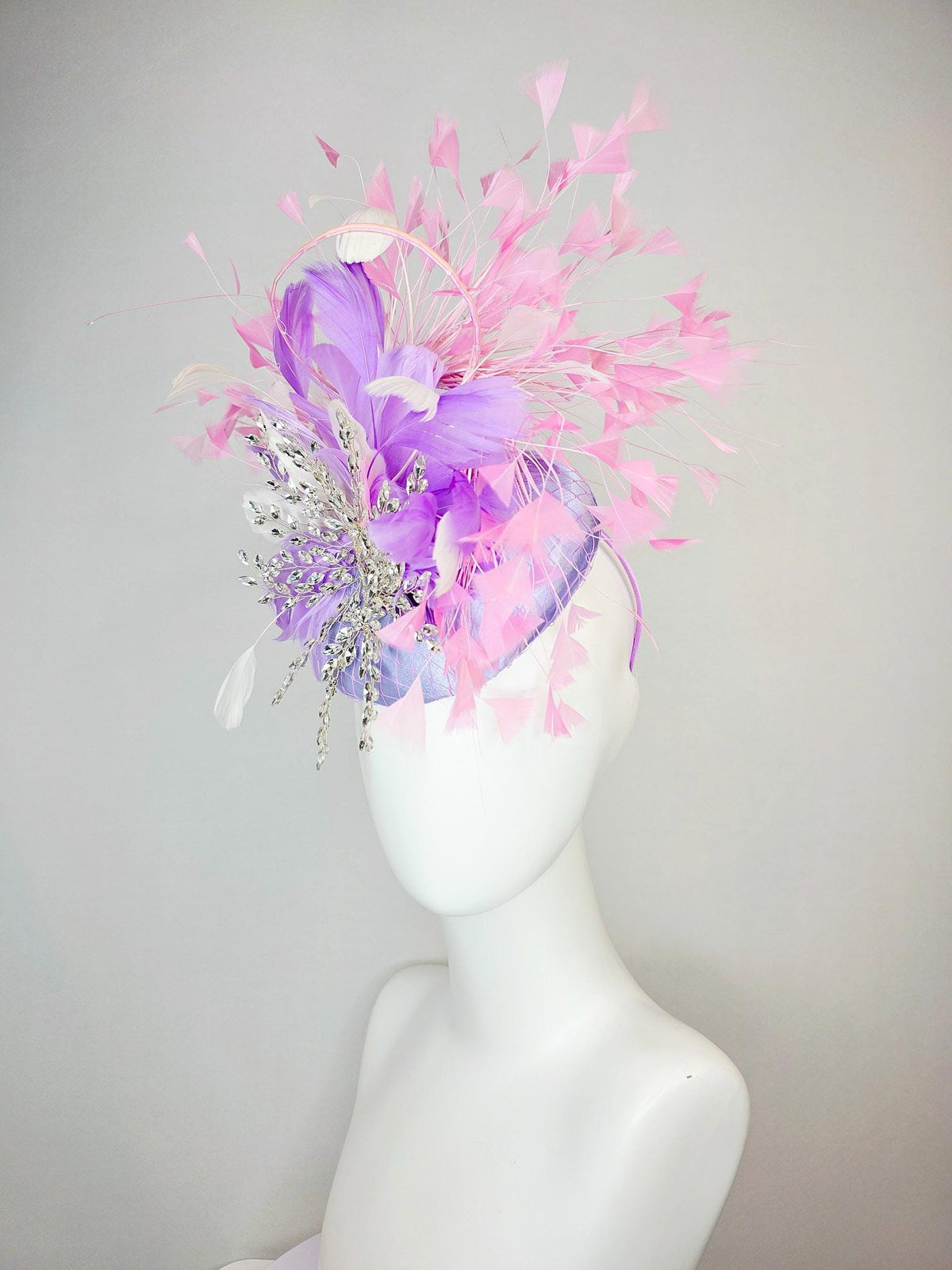 kentucky derby hat fascinator light purple satin with netting with leaf vine crystal rhinestone jewels and white lavender baby pink feathers