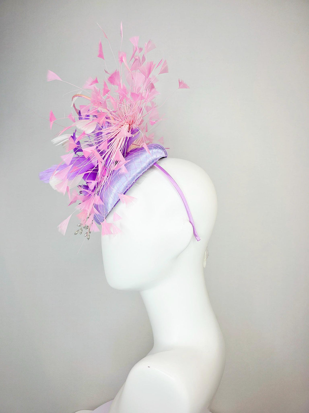 kentucky derby hat fascinator light purple satin with netting with leaf vine crystal rhinestone jewels and white lavender baby pink feathers