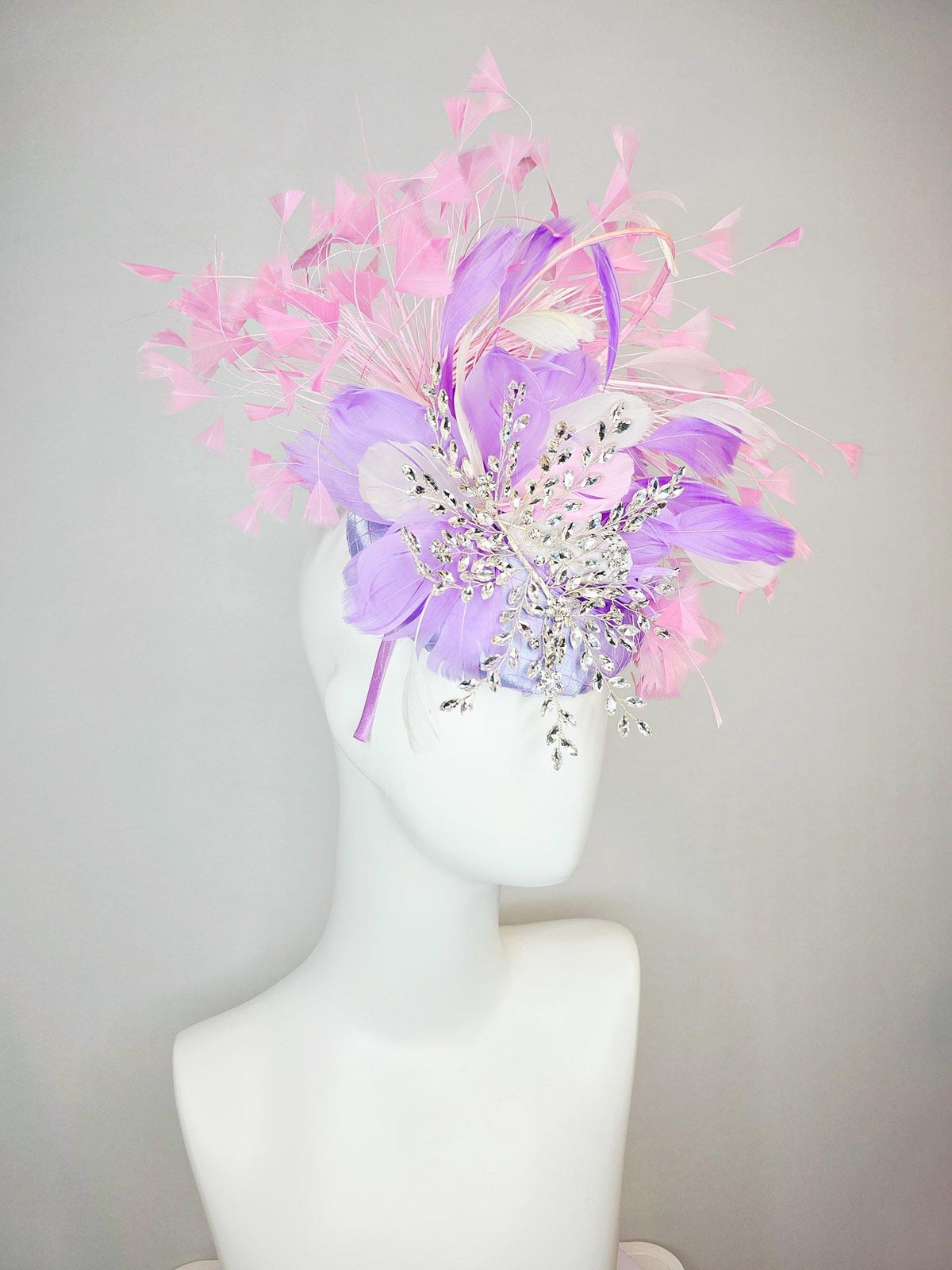 kentucky derby hat fascinator light purple satin with netting with leaf vine crystal rhinestone jewels and white lavender baby pink feathers