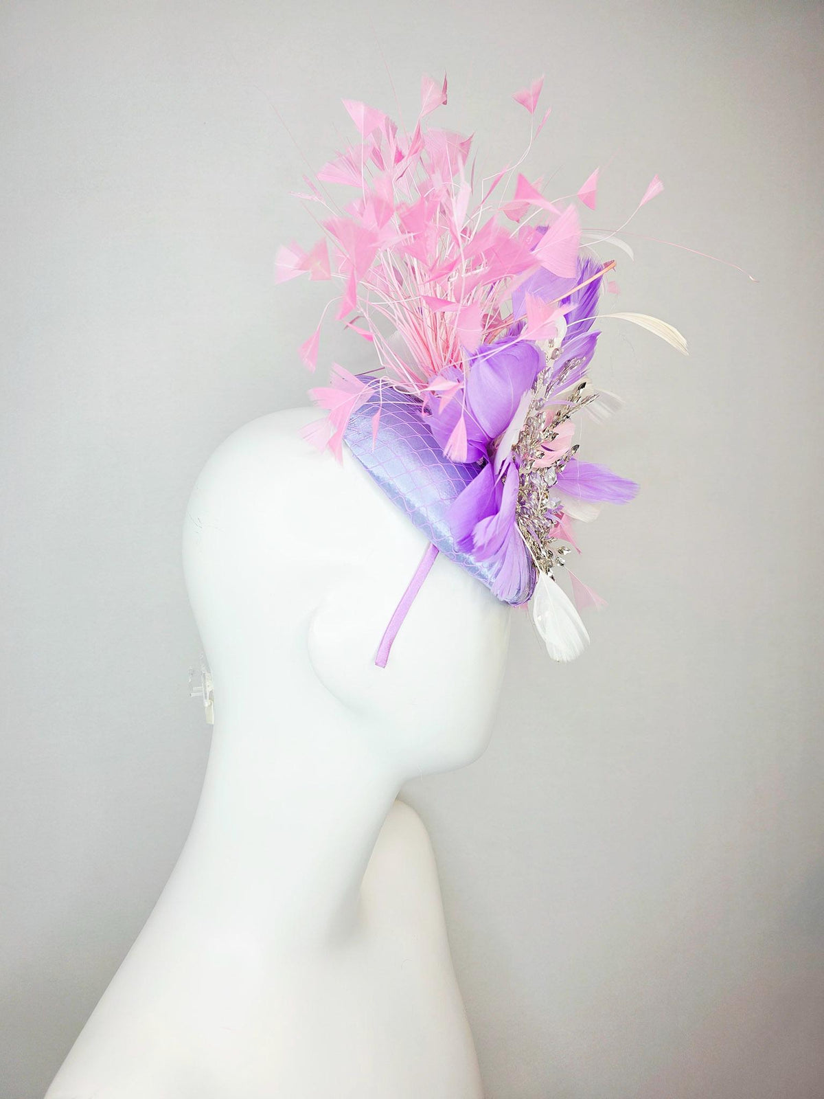 kentucky derby hat fascinator light purple satin with netting with leaf vine crystal rhinestone jewels and white lavender baby pink feathers