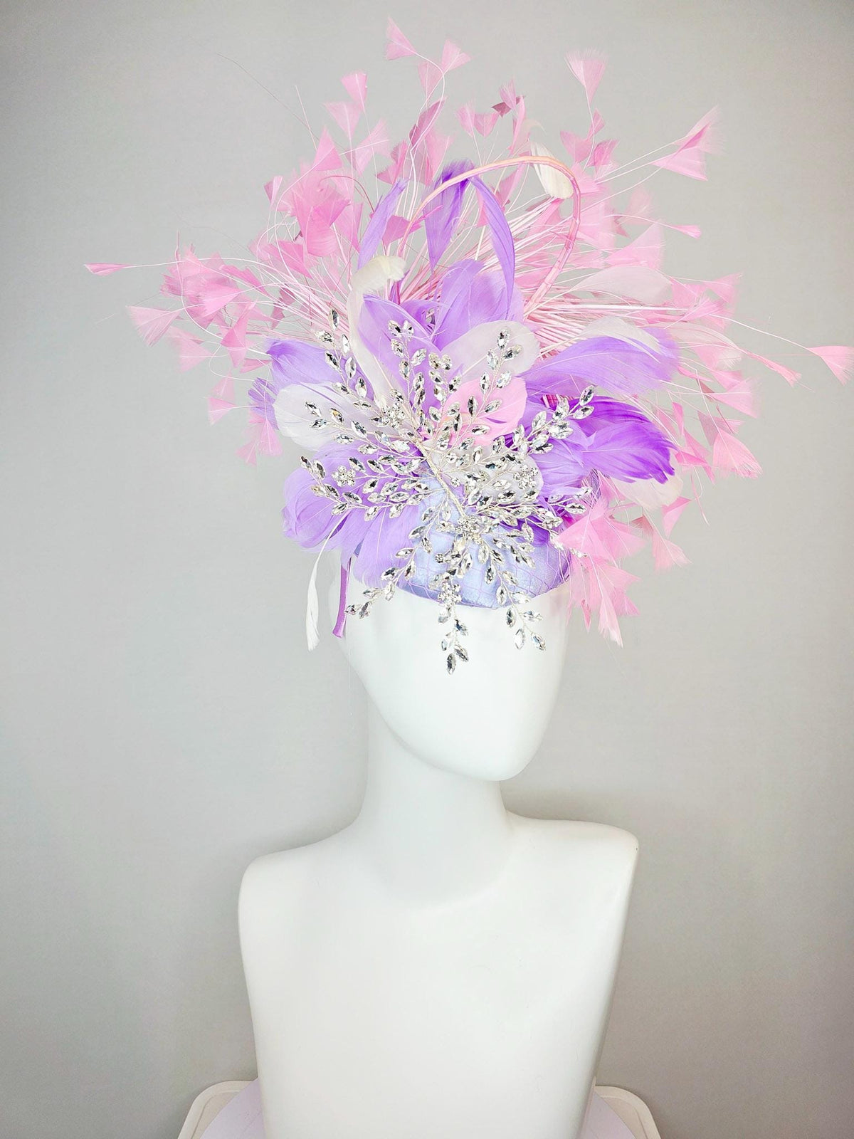 kentucky derby hat fascinator light purple satin with netting with leaf vine crystal rhinestone jewels and white lavender baby pink feathers