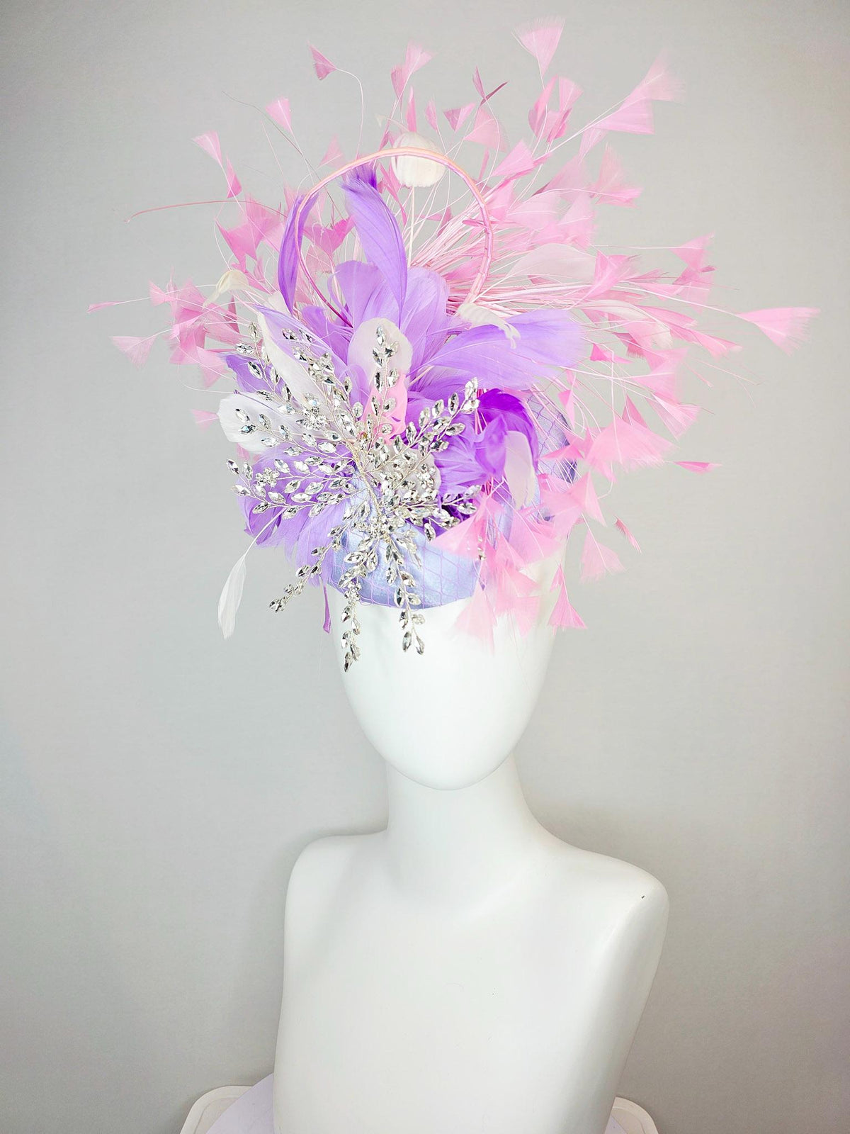 kentucky derby hat fascinator light purple satin with netting with leaf vine crystal rhinestone jewels and white lavender baby pink feathers