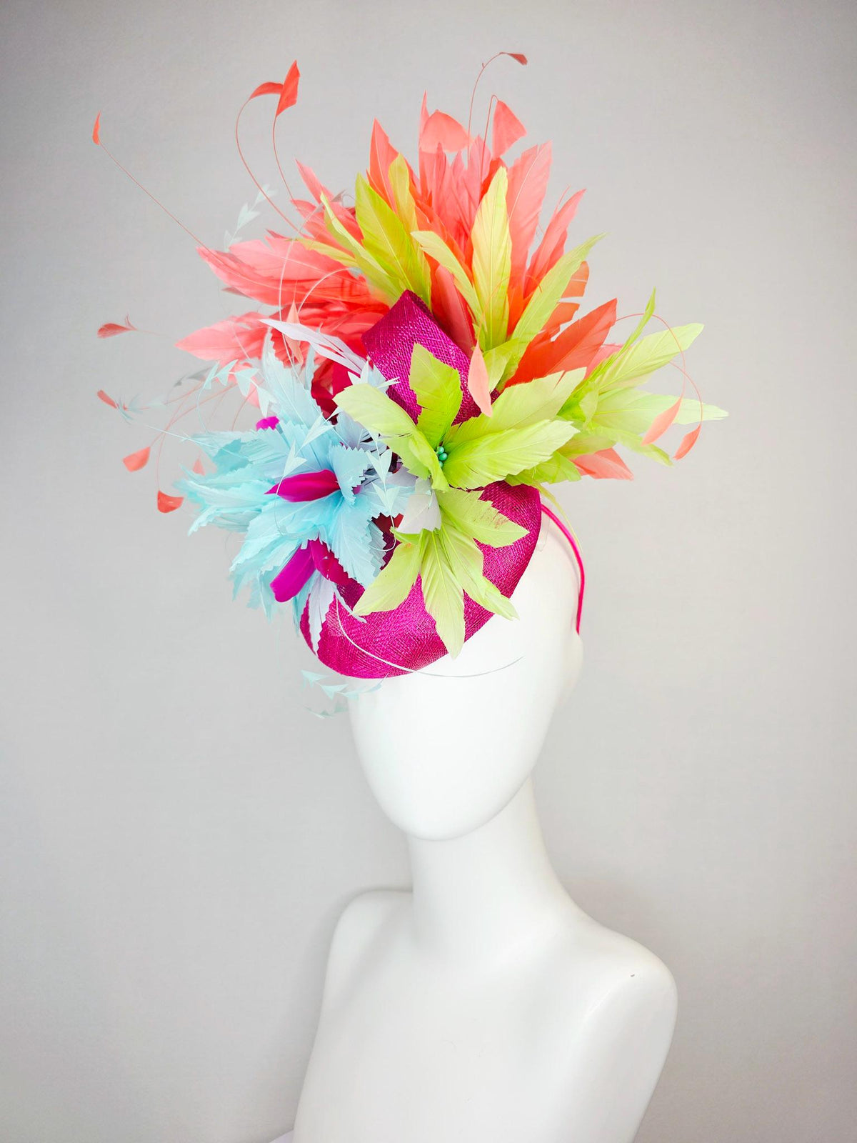 kentucky derby hat fascinator fuchsia pink sinamay with light sky blue lime green feather flowers coral peach orange branching feathers