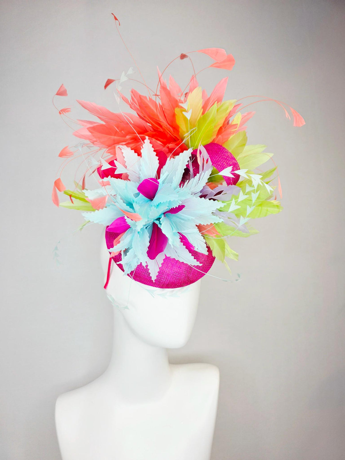 kentucky derby hat fascinator fuchsia pink sinamay with light sky blue lime green feather flowers coral peach orange branching feathers