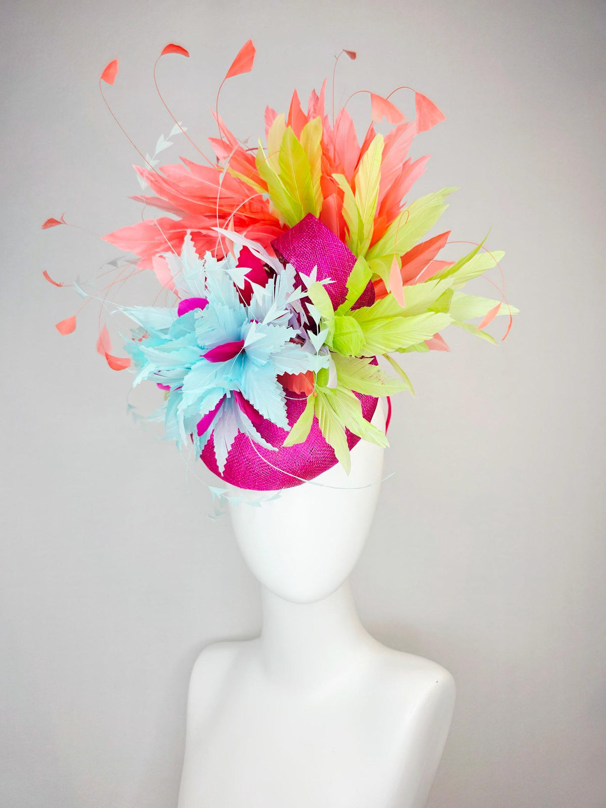 kentucky derby hat fascinator fuchsia pink sinamay with light sky blue lime green feather flowers coral peach orange branching feathers