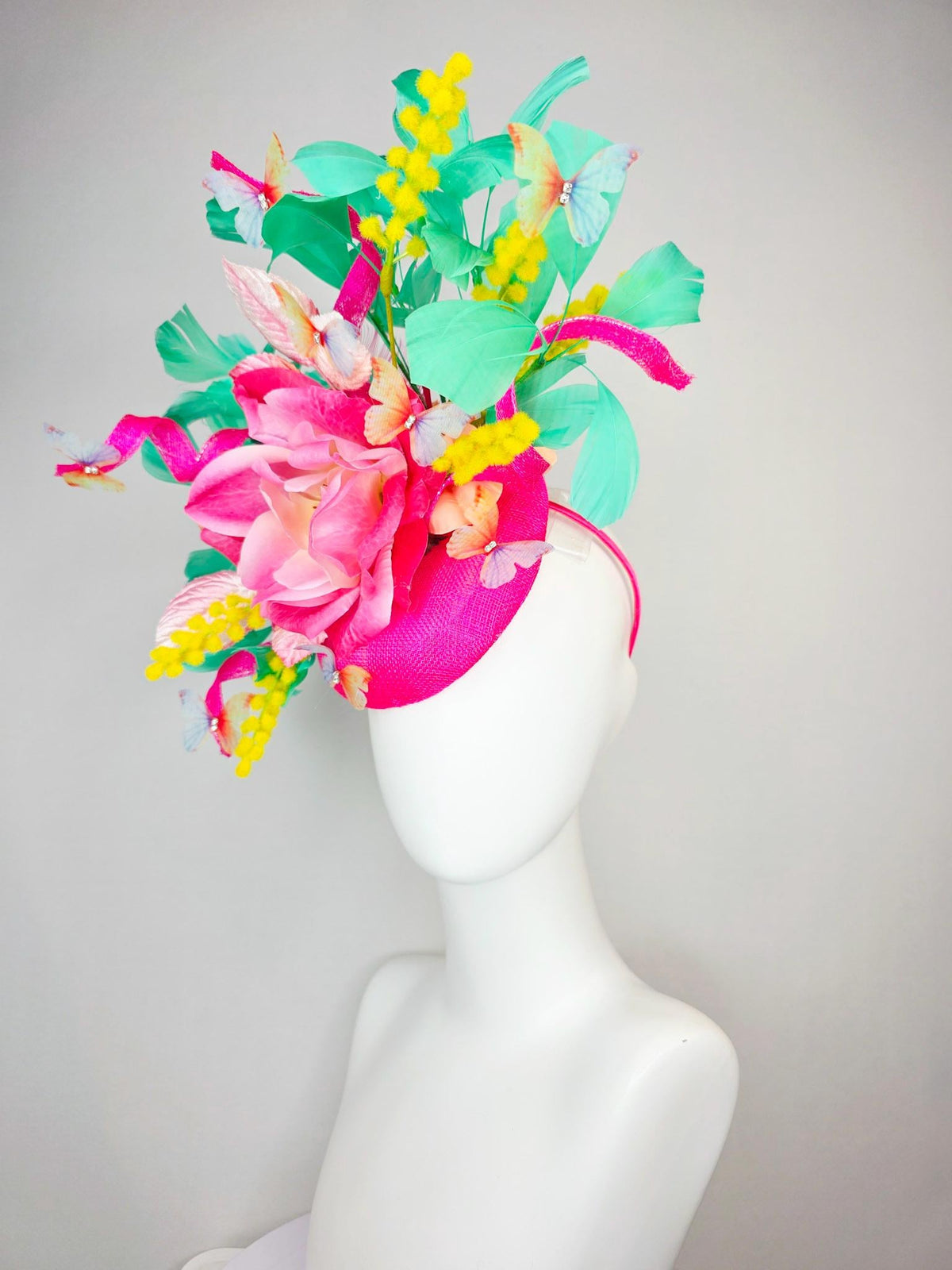 kentucky derby hat fascinator fuchsia pink sinamay ombre pink satin flower light pink leaves mint green feathers yellow stems butterflies